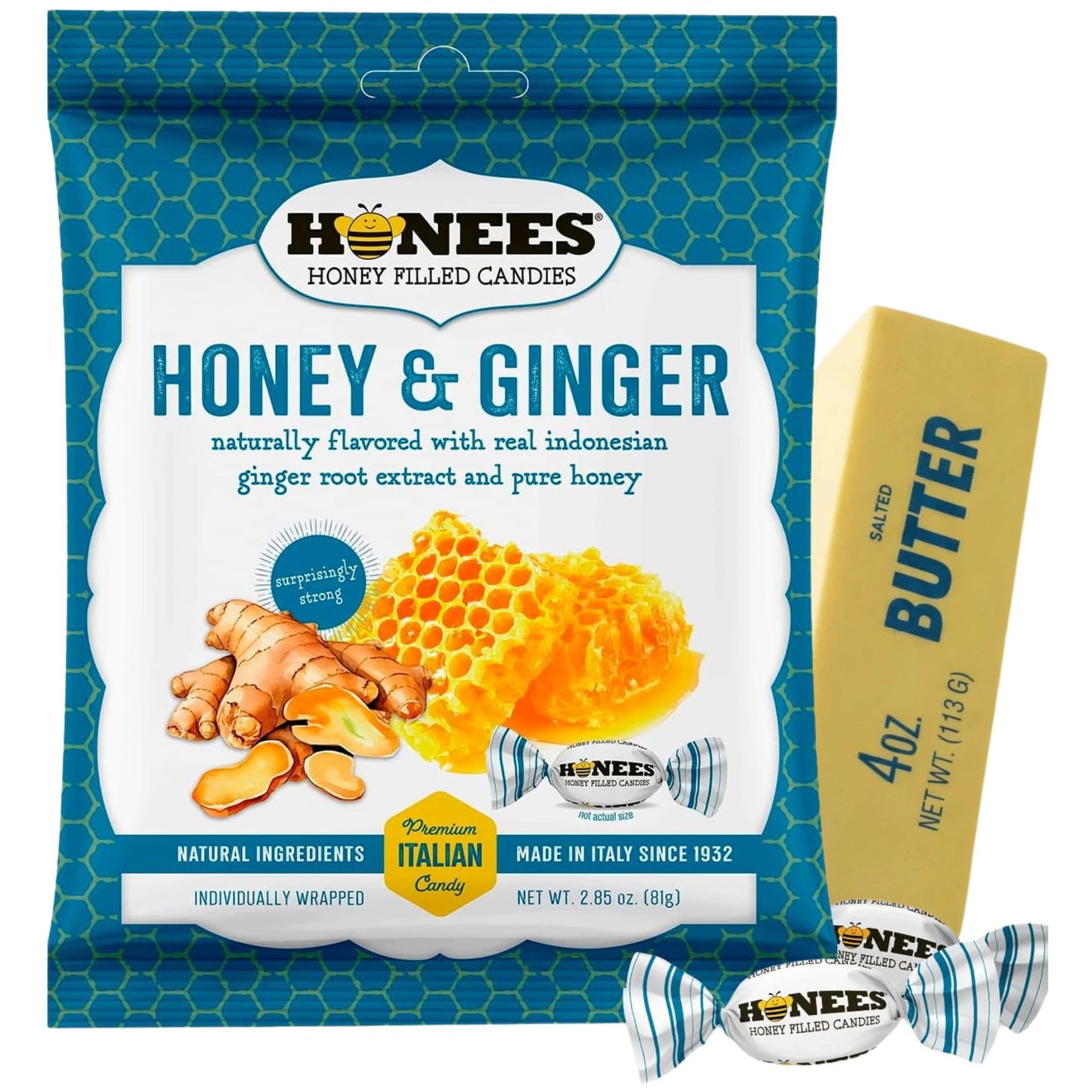 Honees Candy Honey & Ginger 2.85 oz (Pack of 1) - Honey lemon cough drops - candy with ginger - Soothing throat lozenges for adults - 2 items