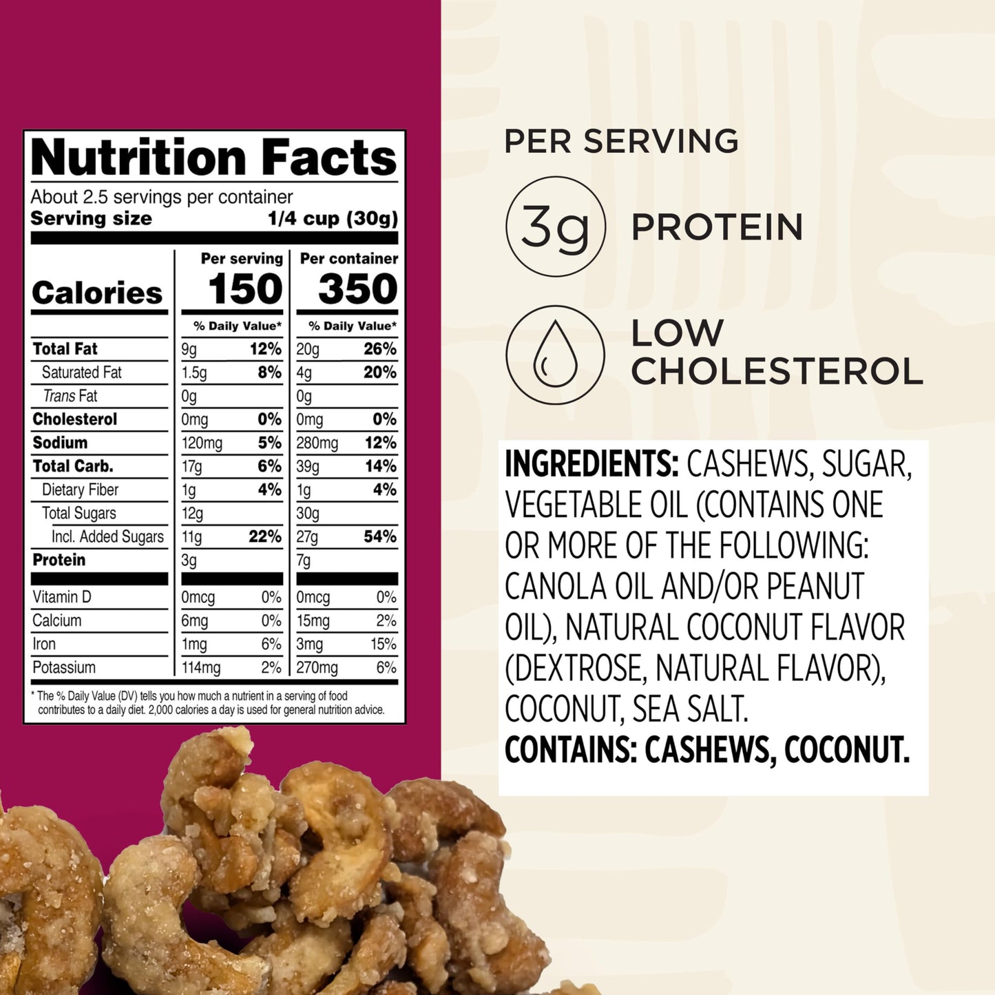 Snak Club Coconutty Cashews, Kettle Cooked Fancy Cashews with Toasted Coconut, Gluten-Free and Kosher Snack, 2.5 oz Snack Bags, 6 Pack