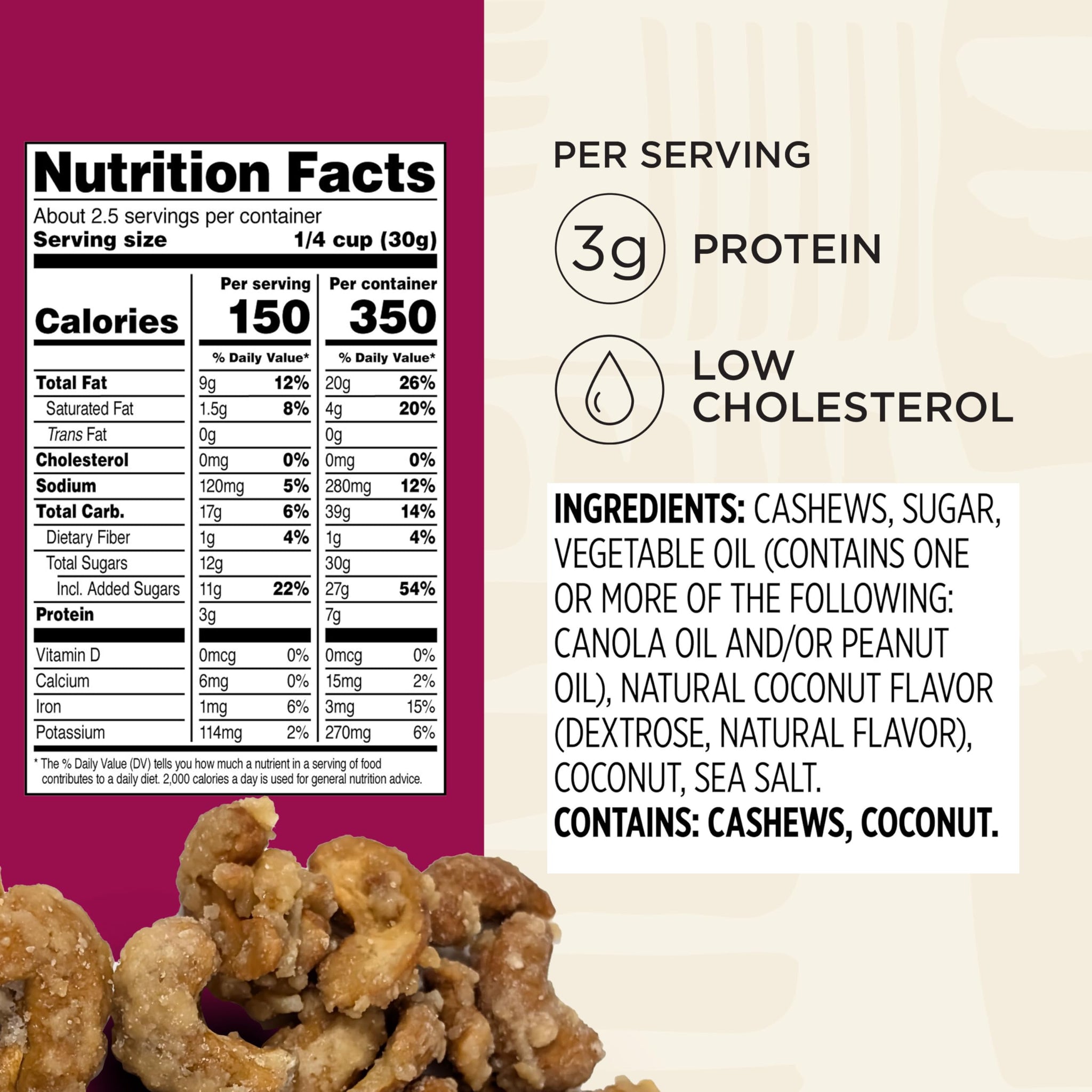 Snak Club Coconutty Cashews, Kettle Cooked Fancy Cashews with Toasted Coconut, Gluten-Free and Kosher Snack, 2.5 oz Snack Bags, 6 Pack