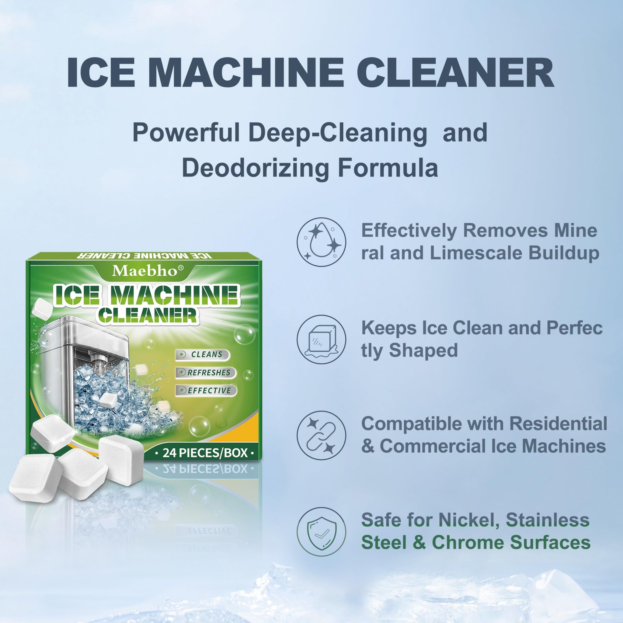 Maebho Ice Machine Cleaner Maker Descaler - 24 Unscented Clean Tablets Compatible with Opal, Kitchenaid, GE Profile,Nickel Safe Scale Remover
