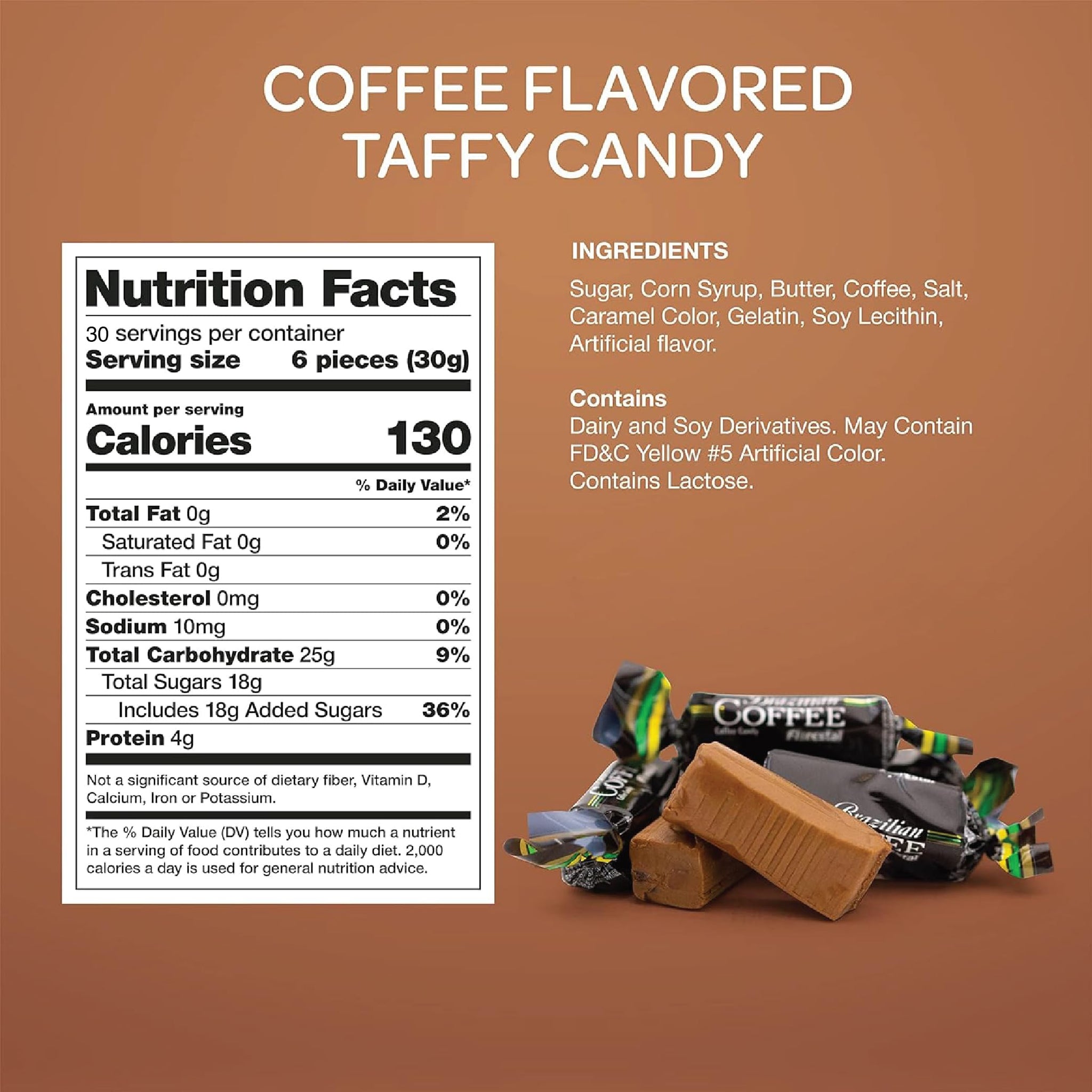 Brazilian Coffee Candy - 2 Pound Bulk Pack (180 Count) - Individually Wrapped Taffy Candy for Office Bowls, Party Favors & Gifting - Soft Coffee Chews