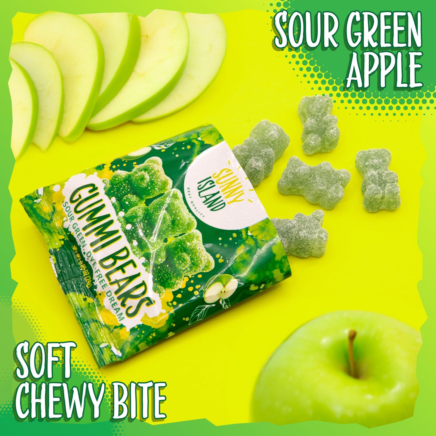 Green Apple Gummi Bears | 12 Packs of Sour Gummies | Dye Free Candy | Chewy Candy for Party Favors, Goodie Bags, Snacking and Gifting | Gelatin Free