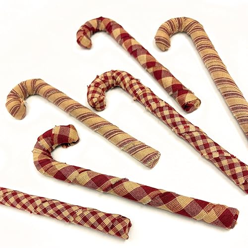 Set of 6 Primitive Red & Tea Dye Plaid Homespun Fabric Covered Candy Cane Ornaments for Christmas by Marilee Home