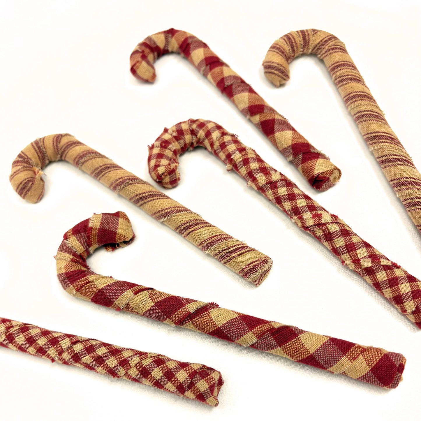 Set of 6 Primitive Red & Tea Dye Plaid Homespun Fabric Covered Candy Cane Ornaments for Christmas by Marilee Home