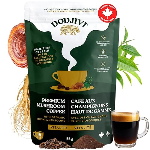 Dodjivi Organic Reishi Mushroom Coffee, Sustained Energy & Focus, Instant Coffee, Arabica with Adaptogenic Herbs, Sugar-Free, Vegan, Keto-Friendly