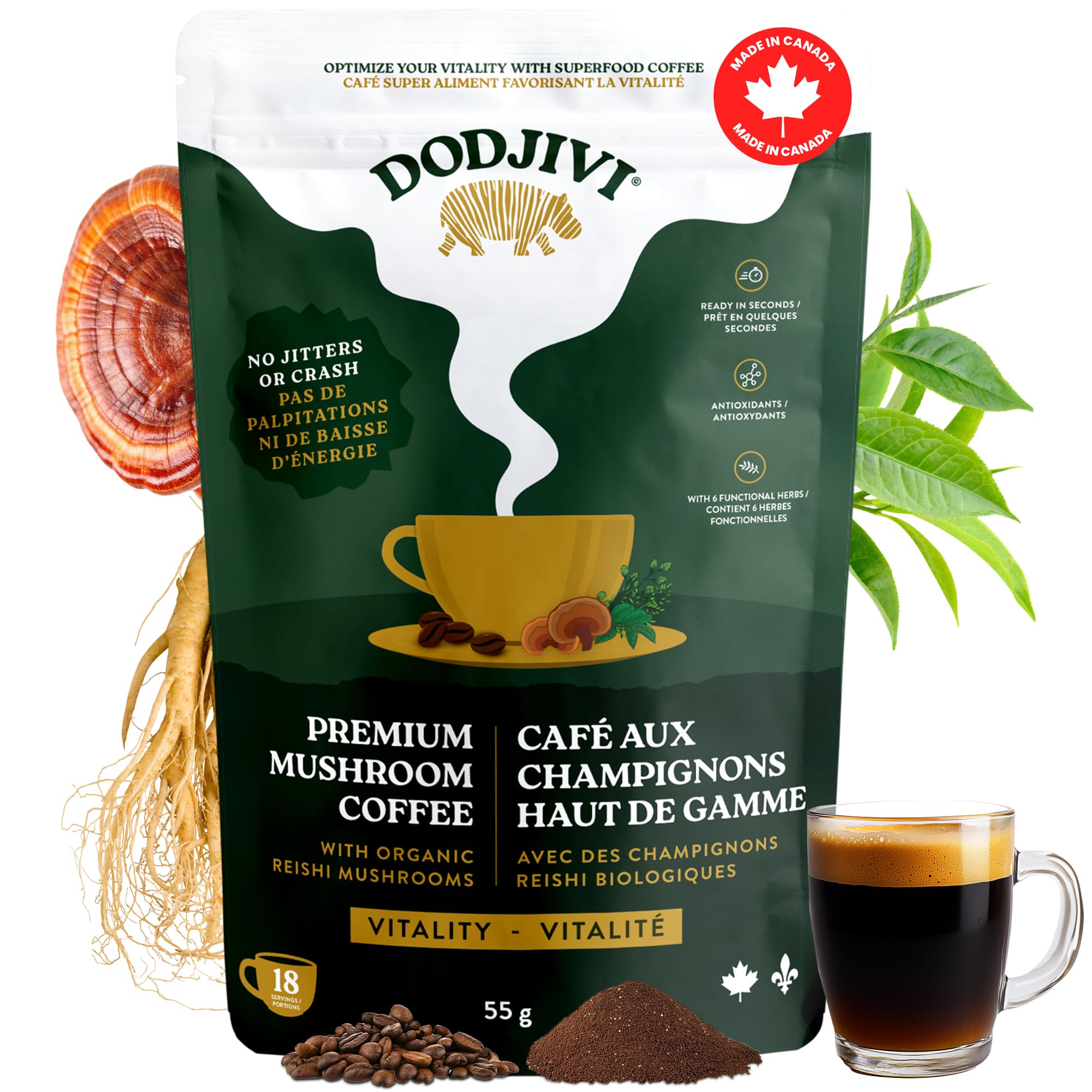 Dodjivi Organic Reishi Mushroom Coffee, Sustained Energy & Focus, Instant Coffee, Arabica with Adaptogenic Herbs, Sugar-Free, Vegan, Keto-Friendly