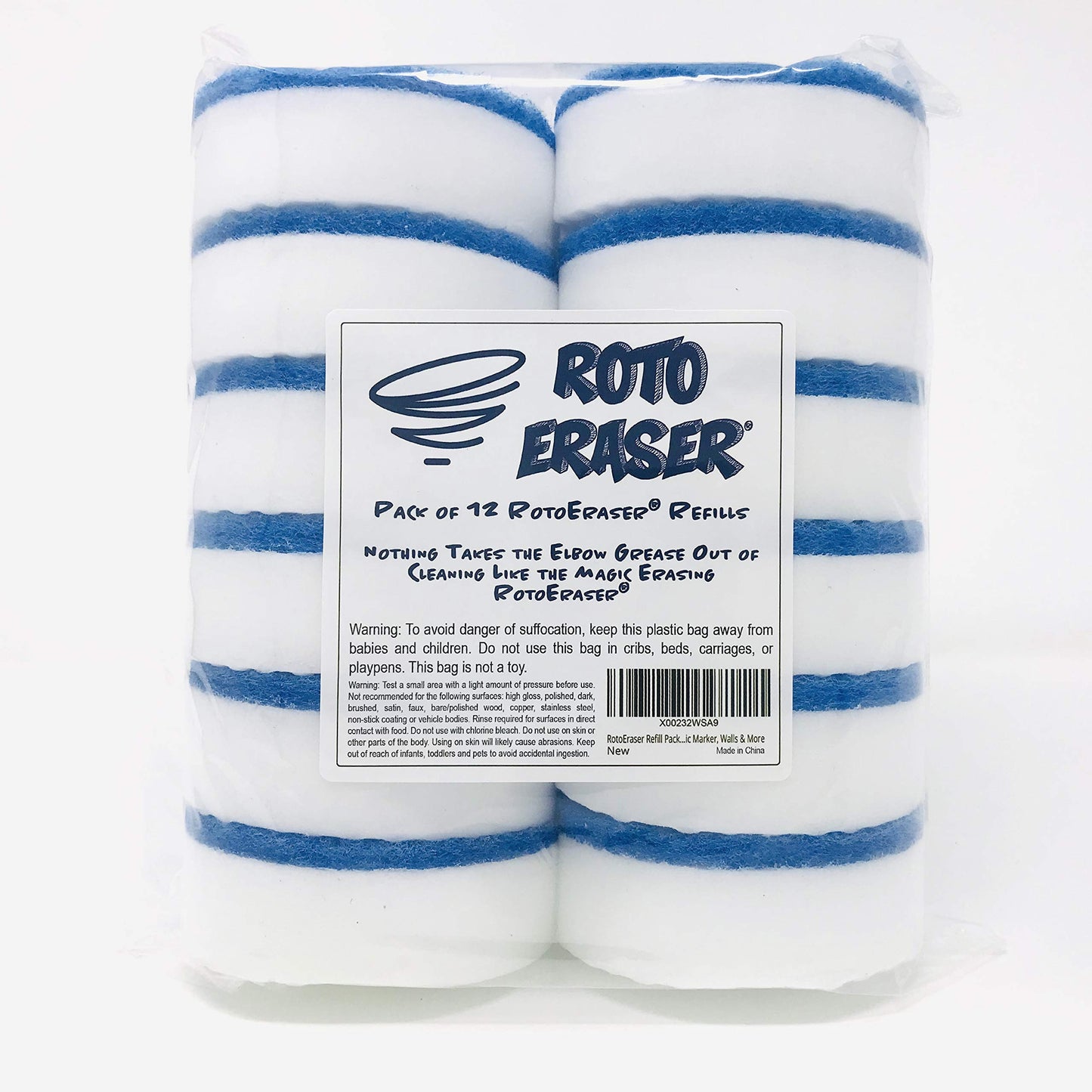 RotoEraser Refill Pack of 12 | Drill Powered Magic Cleaning Eraser Sponges | High Density Melamine Pads & Drill Attachment for Bathroom, Magic Marker