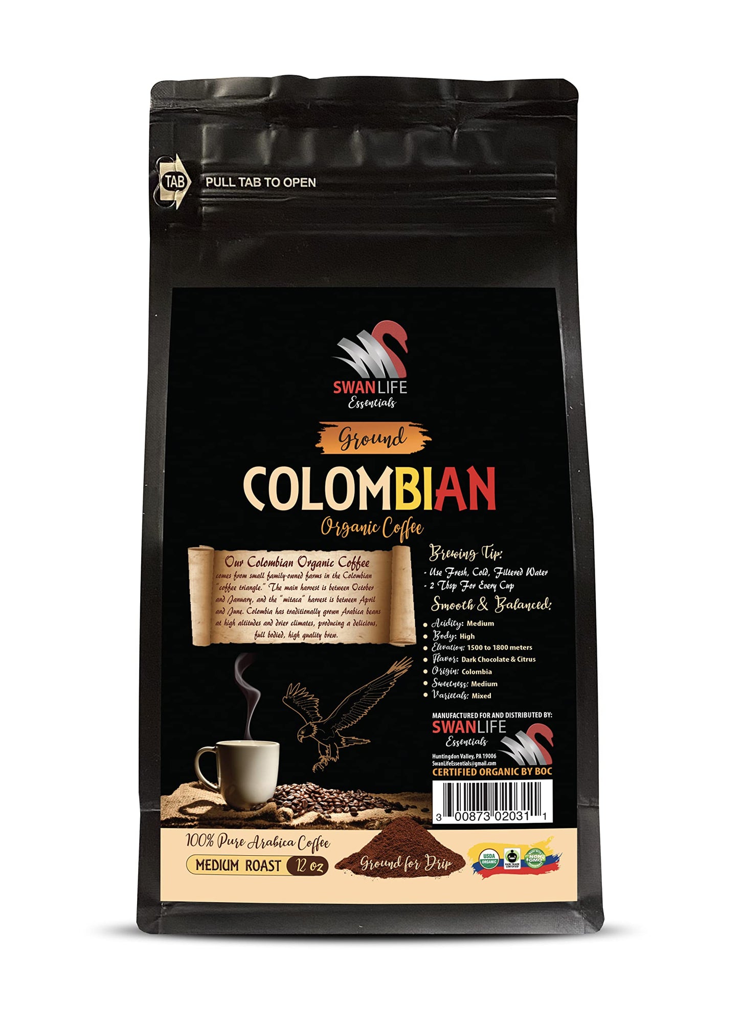 ground coffee colombian - COLOMBIAN GROUND COFFEE ORGANIC, 100% arabica, medium roast, high acidity, fair trade - arabica coffee medium roast, 1 Bag