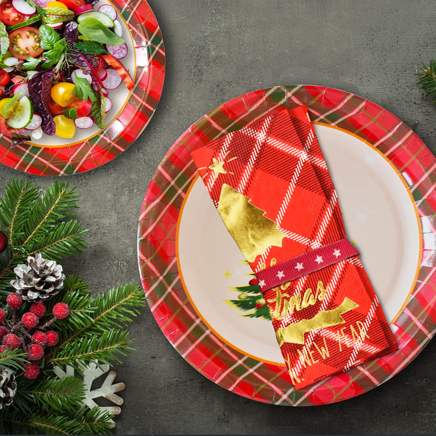 Gatherfun Christmas Party Supplies Christmas Tree Red Plaid Disposable Paper Dinner Plates Dessert Plates and Napkins for Party, Serve 20