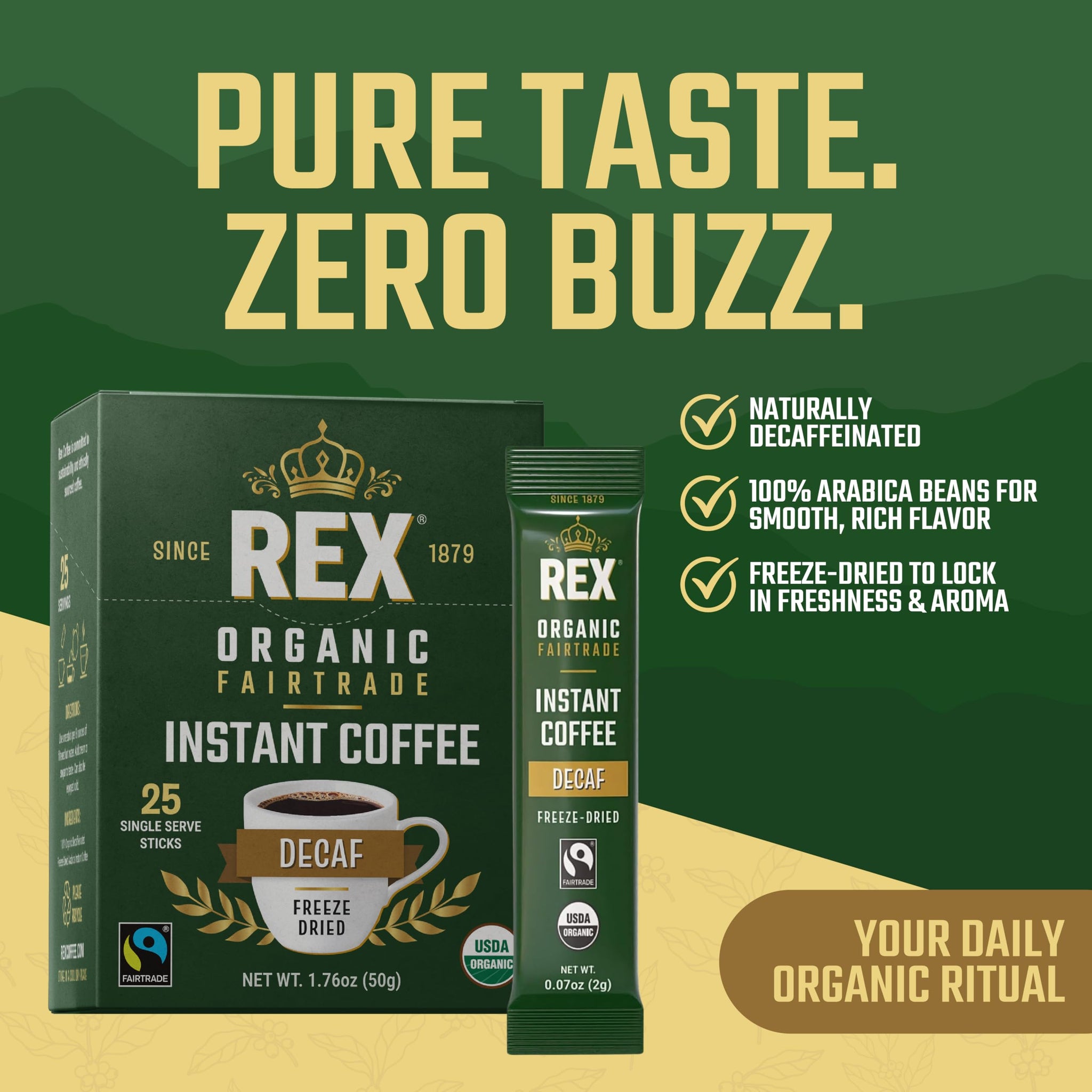 Rex Coffee Organic Fairtrade Natural Decaf Freeze-Dried Instant Sticks - Naturally Decaffeinated Arabica, 25 Single-Serve Packs - Lab Tested for Mold