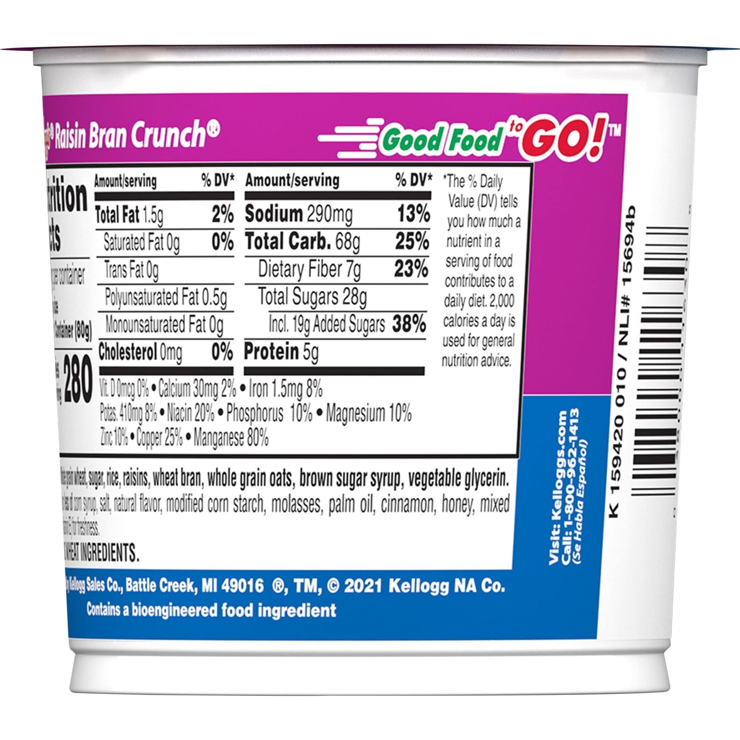 Kellogg's Raisin Bran Crunch Breakfast Cereal Cups, Fiber Cereal, Made with Real Fruit, Original, 33.6oz Case (12 Cups)