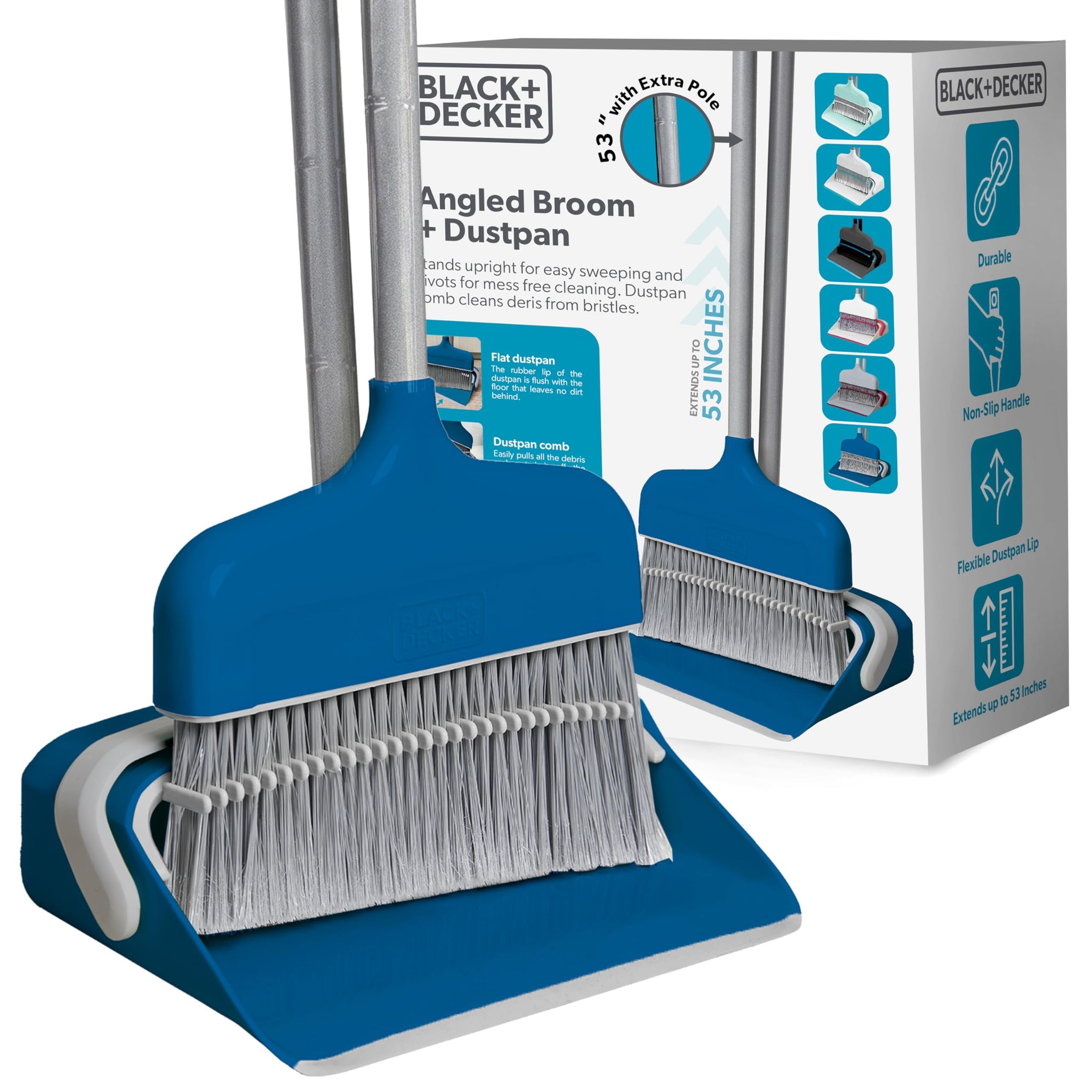 BLACK+DECKER Butler Broom & Dustpan Set - Stand-Up Design - Lightweight, Space-Saving Combo for Kitchen, Living Room, Bathroom, Lobby Floors - Home