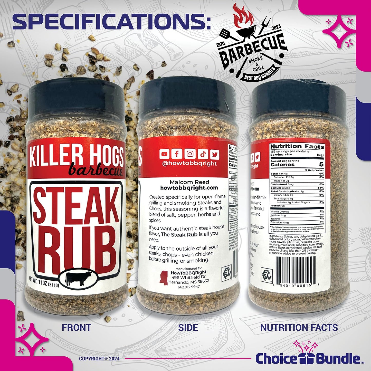Killer Hogs Steak Rub Premium BBQ Barbecue Spice Seasoning 2 pk (22 oz) + Guide & Bottle Opener (4 Items)!
