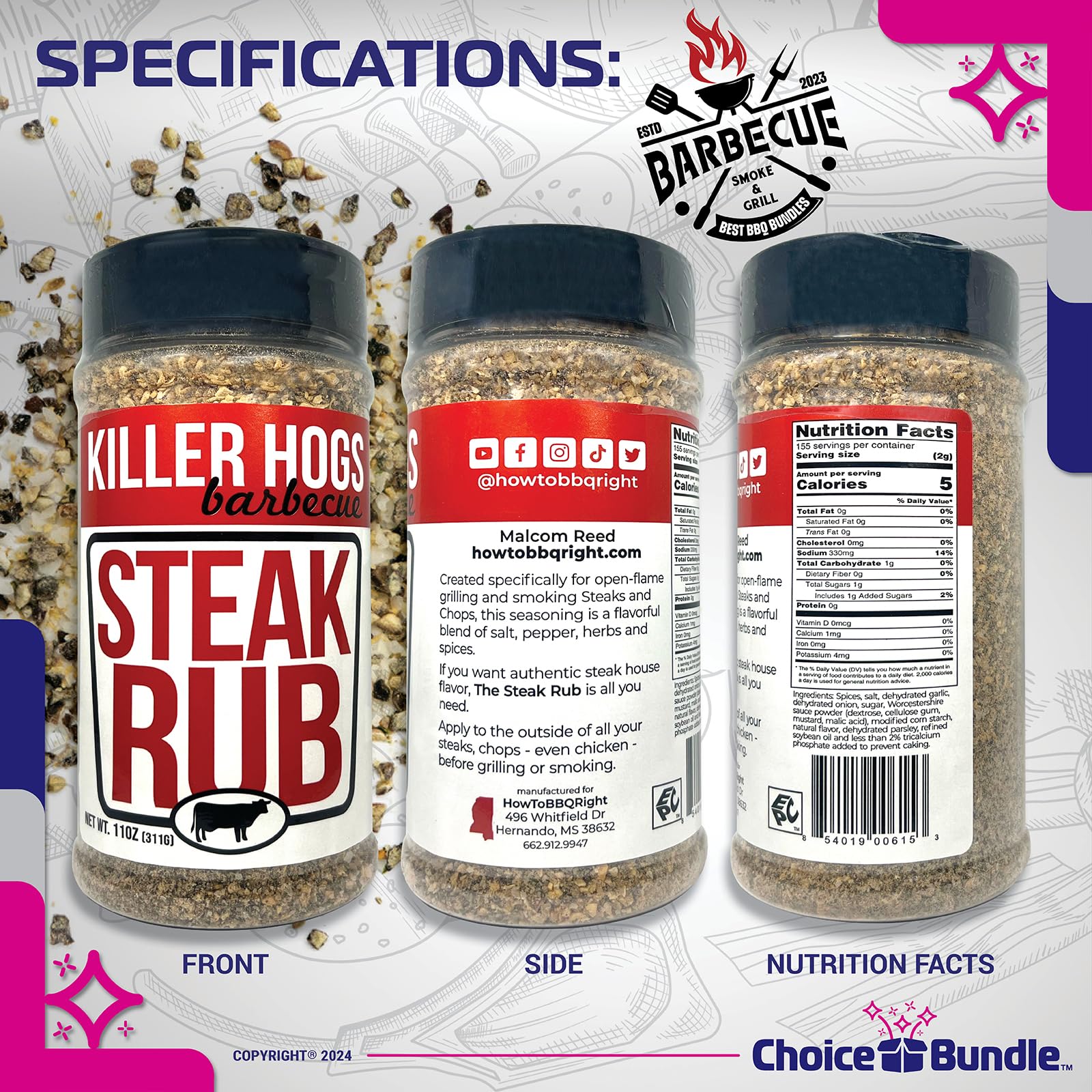 Killer Hogs Steak Rub Premium BBQ Barbecue Spice Seasoning 2 pk (22 oz) + Guide & Bottle Opener (4 Items)!