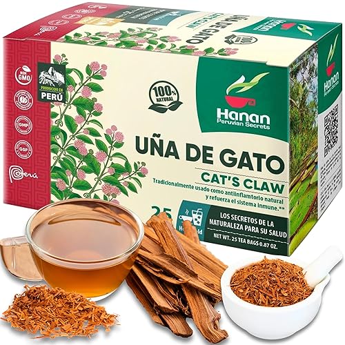Hanan Cat’s Claw Tea Uña de Gato 25 Herbal Teabags - Wild Una de Gato Tree Bark Herb From Peru’s Amazon Lush of Peru