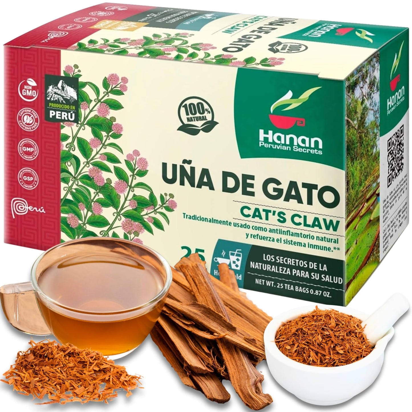 Hanan Cat’s Claw Tea Uña de Gato 25 Herbal Teabags - Wild Una de Gato Tree Bark Herb From Peru’s Amazon Lush of Peru