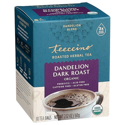 Teeccino Dandelion Herbal Tea - Dandelion Dark Roast Tea - 10 Tea Bags, Caffeine-Free, Roasted Herbal Tea with Prebiotics, 3x More Herbs than Regular