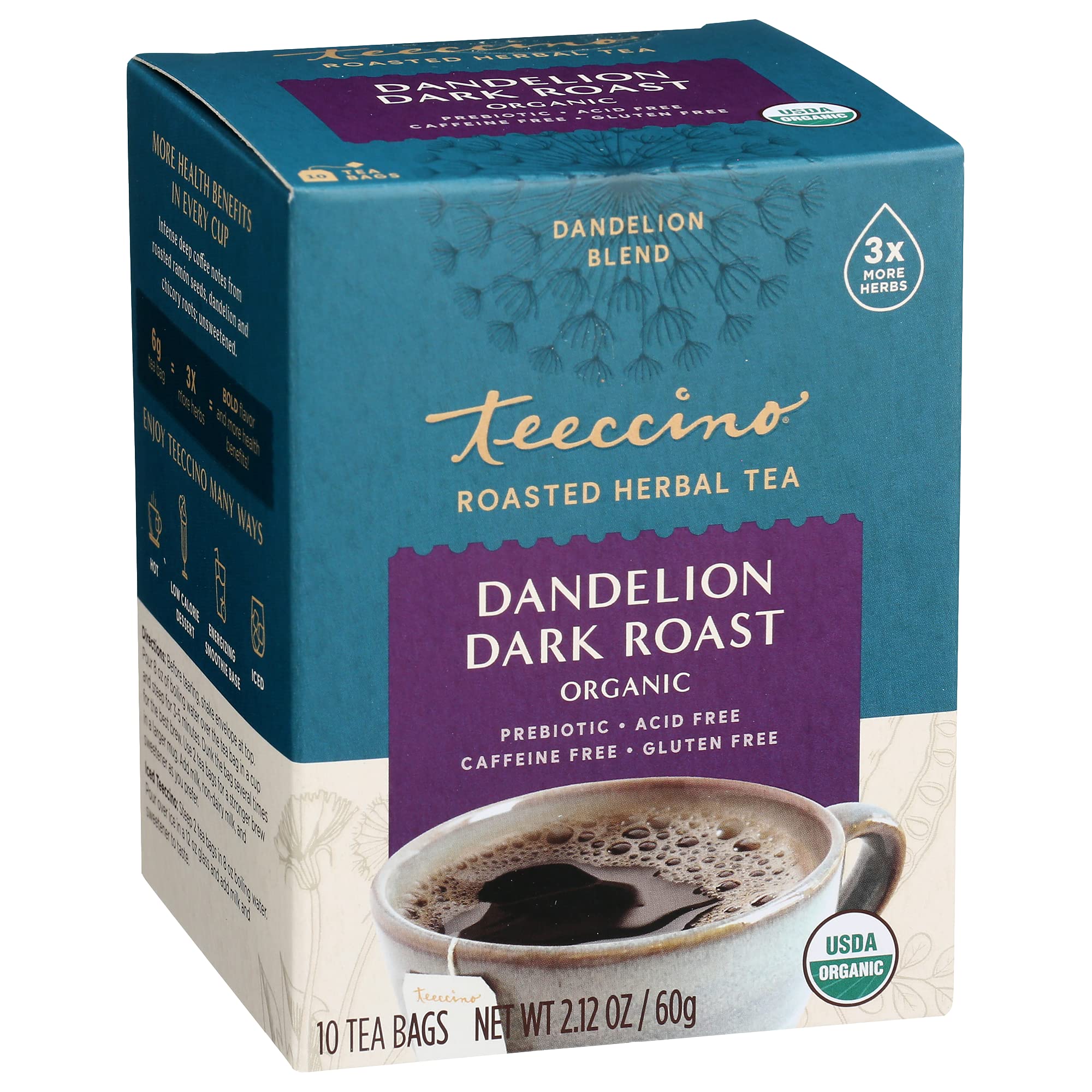 Teeccino Dandelion Herbal Tea - Dandelion Dark Roast Tea - 10 Tea Bags, Caffeine-Free, Roasted Herbal Tea with Prebiotics, 3x More Herbs than Regular