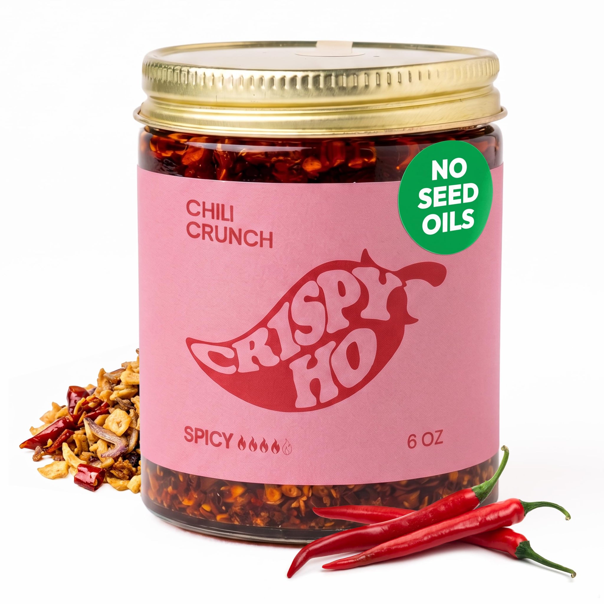 CRISPY HO Spicy Chili Oil Crunch - Premium Chili Crisp, No Seed Oils, Avocado Oil, Crunchy Garlic and Shallots - Extra Spicy, Savory, Umami Hot Sauce