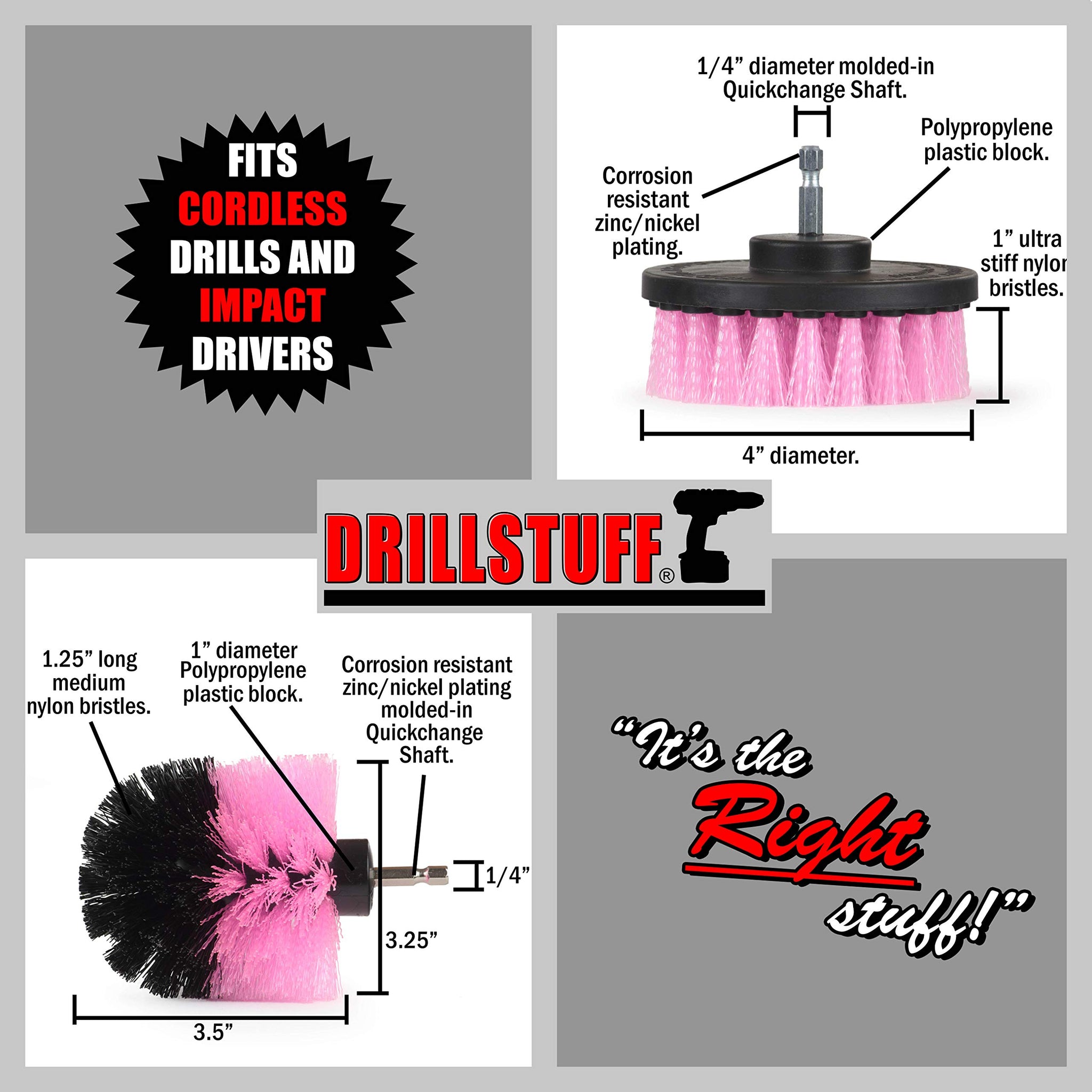 Drillstuff Cleaning Brush Kit - Includes 2-Piece Scrub Brush Set with Quick Change Shaft for Cordless Drills, Ideal for Bathrooms, Kitchens, and More