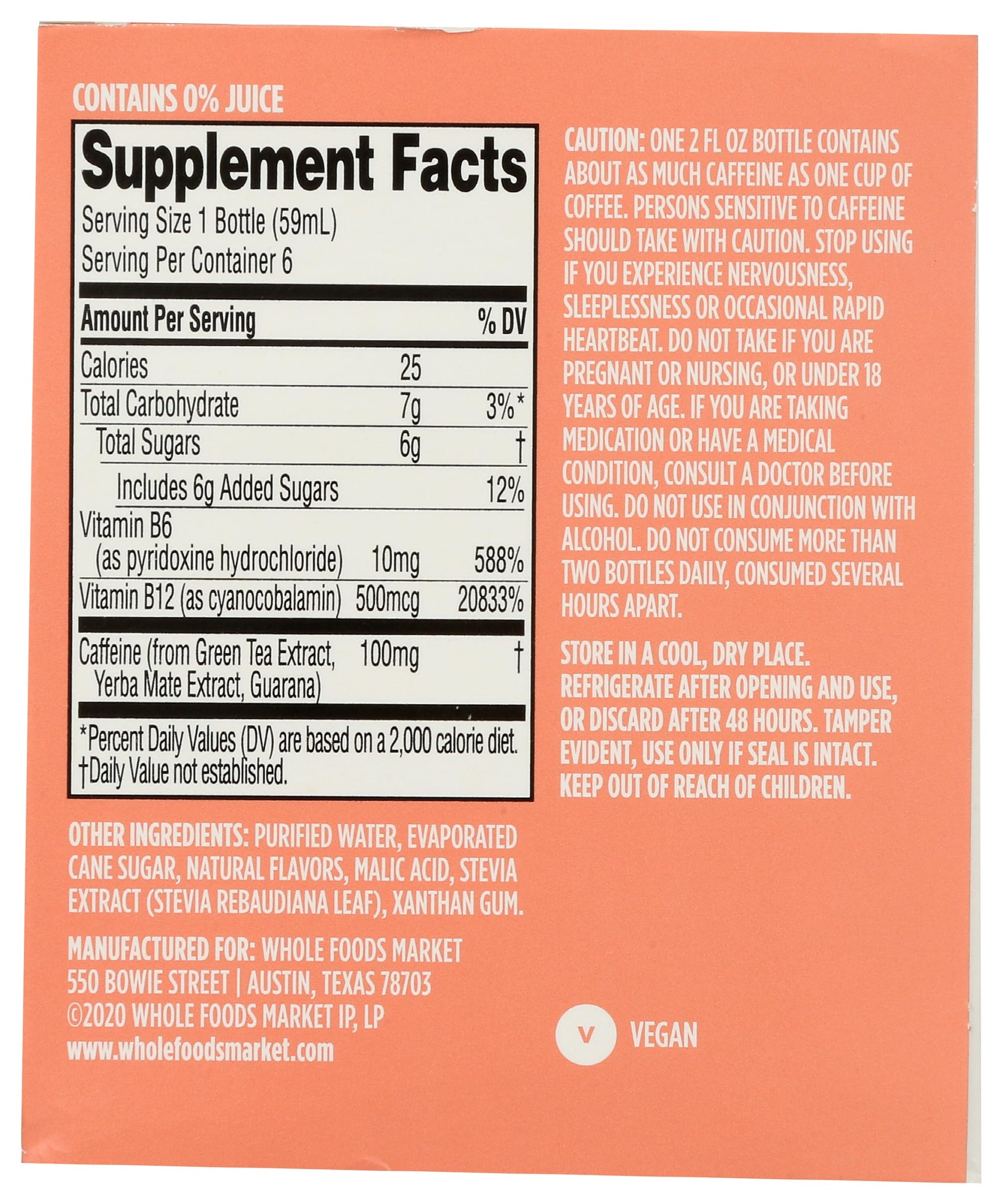 365 by Whole Foods Market, Energy Shot, Strawberry Watermelon, 2 Fl Oz, 6 Pack