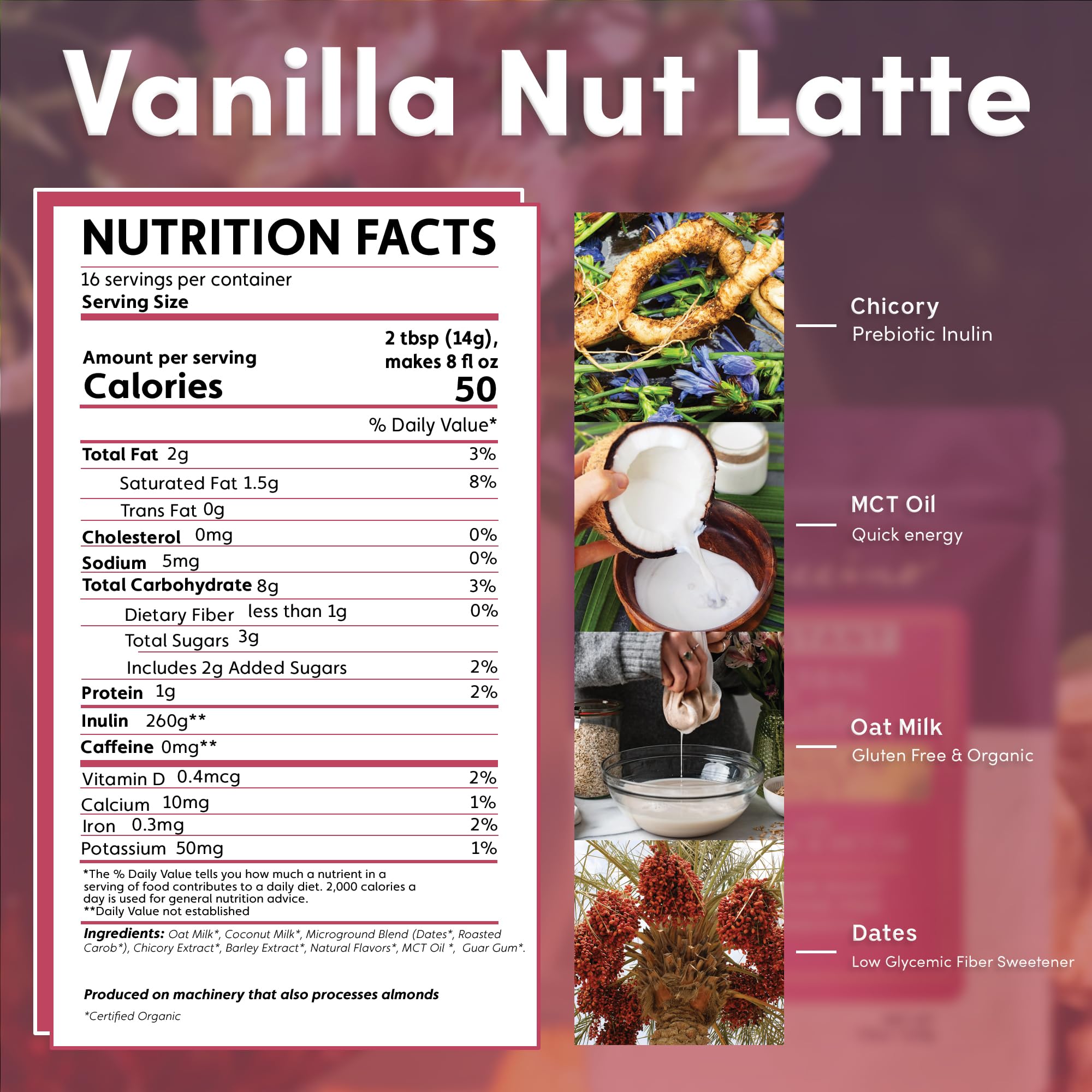 Teeccino Organic Instant Vanilla Nut Herbal Latte - 14 Servings - Creamy Oat & Coconut Latte Plus MCT Oil with Vanilla & Dates Accenting Roasted