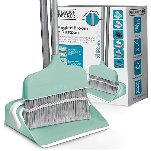 BLACK+DECKER Butler Broom & Dustpan Set - Short Handle, Stand-Up Design - Lightweight, Space-Saving Combo for Kitchen, Living Room, Bathroom, Lobby
