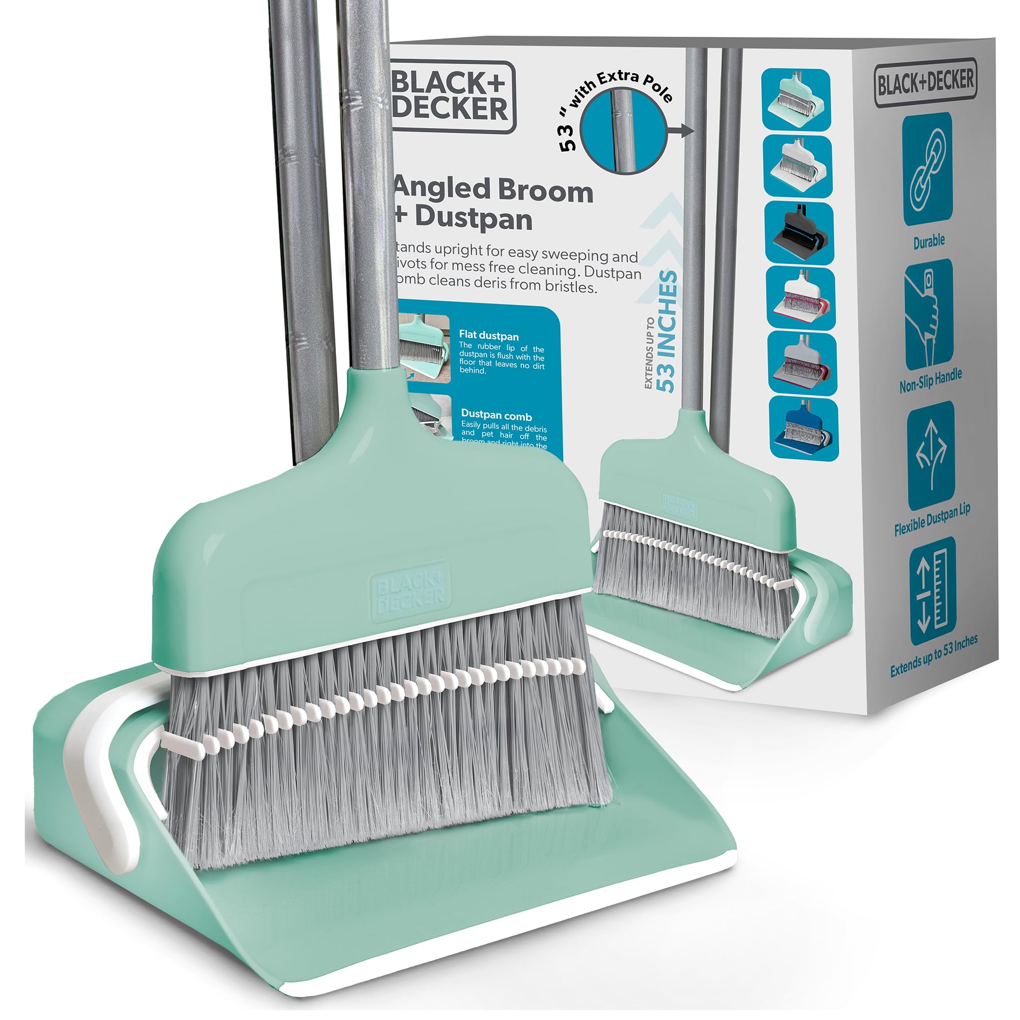 BLACK+DECKER Butler Broom & Dustpan Set - Short Handle, Stand-Up Design - Lightweight, Space-Saving Combo for Kitchen, Living Room, Bathroom, Lobby