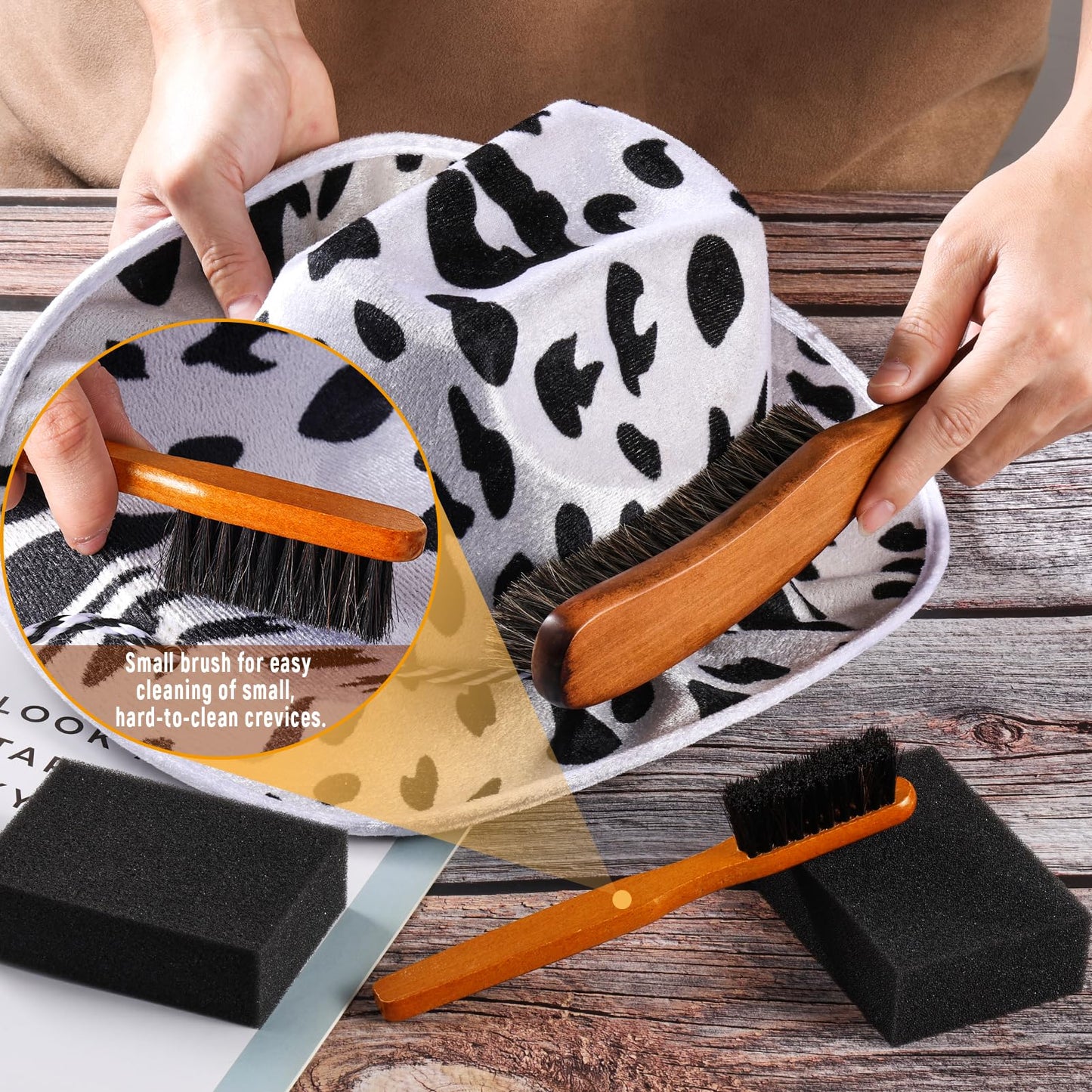 4 Pcs Horsehair Felt Hat Brush Kit with Cleaning Sponge Cowboy Clean Hat Wood Fedora Hat Cleaning Set Baseball Cap Lint Brush Remove Dust for Hair