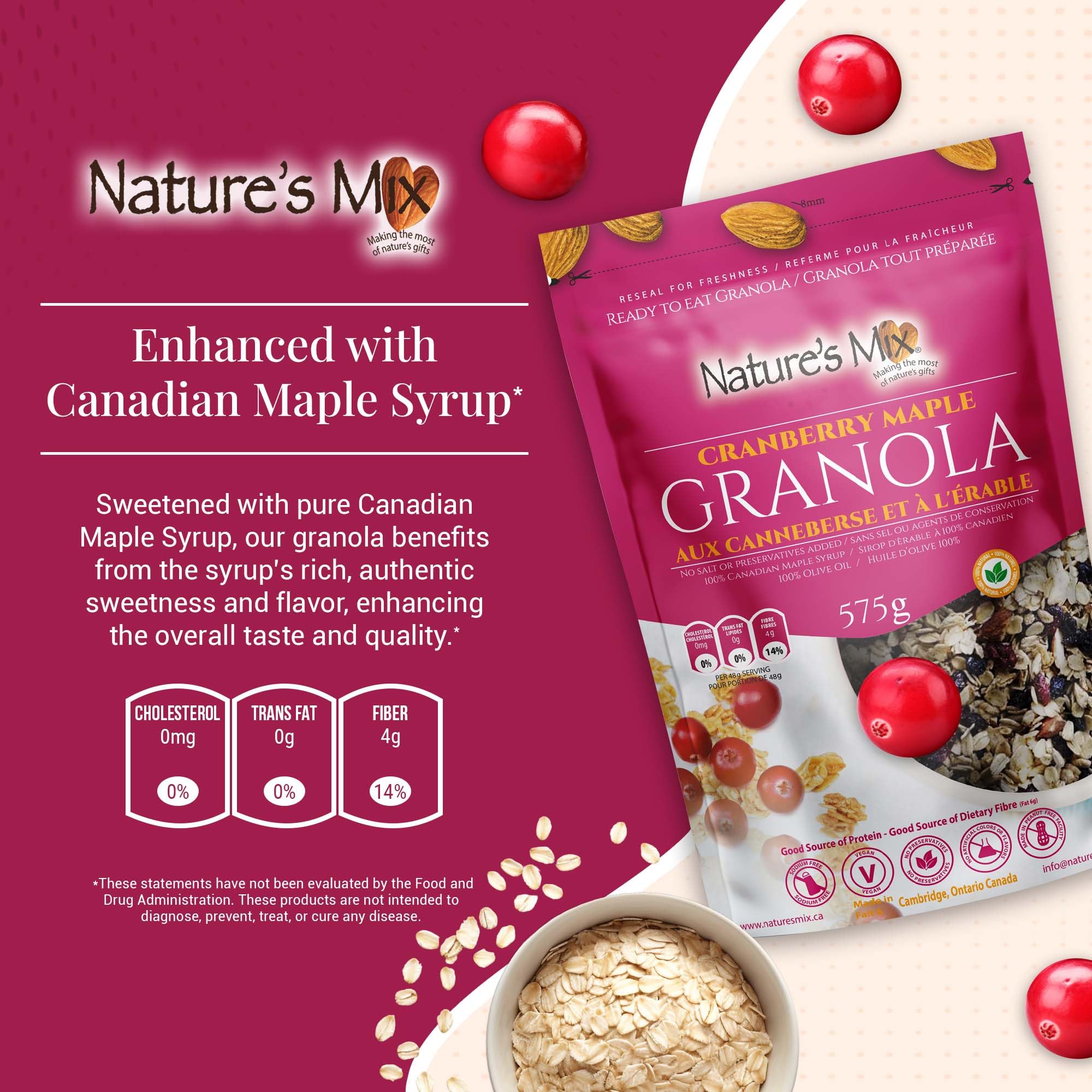Nature's Mix - Cranberry Maple Granola - Cranberries, Almonds and Maple Syrup with Currants, Sunflower Seeds and Cinnamon - Large