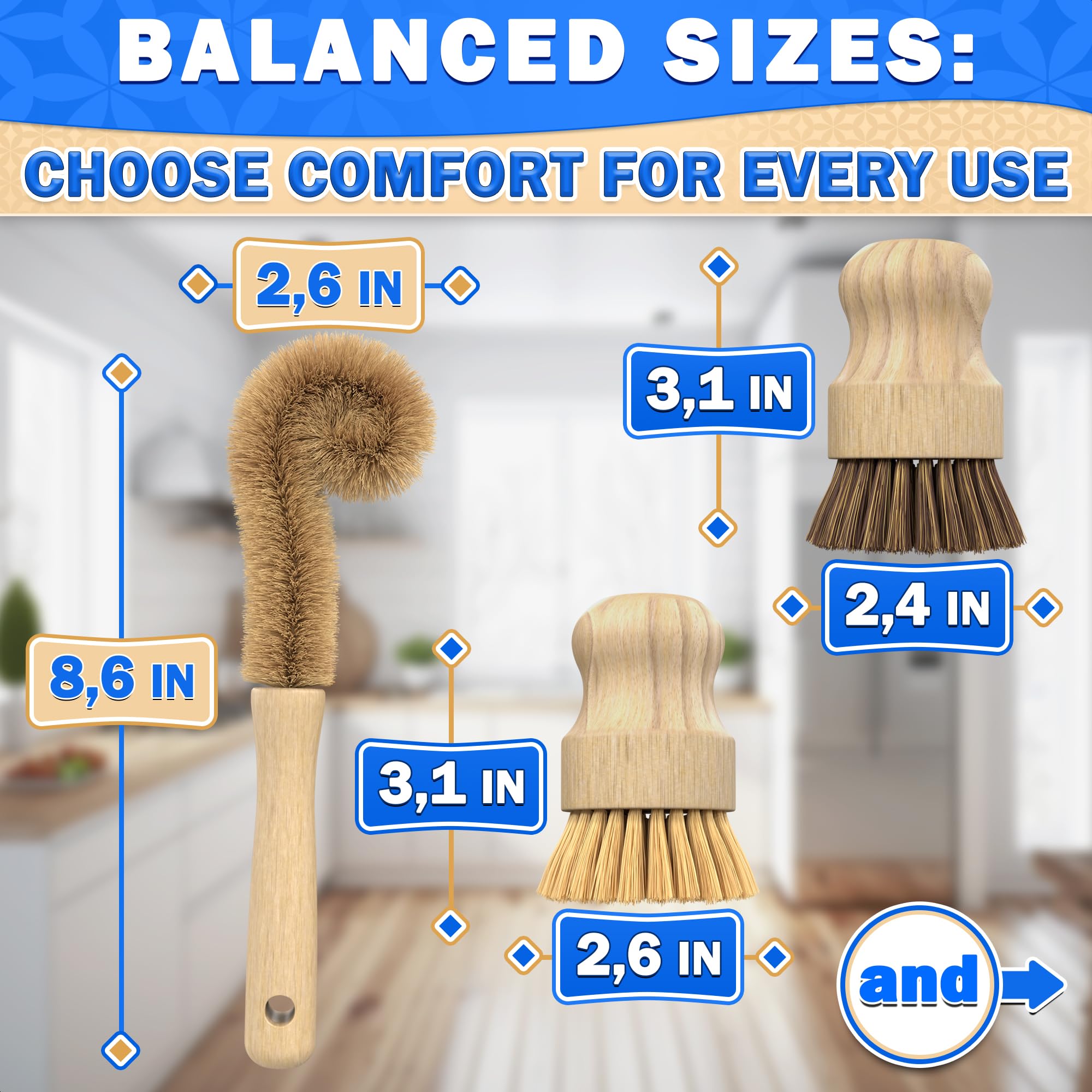 5 Pcs Bamboo Dish Brush Set - Bamboo Dish Scrubber with Soft & Stiff Non-Scratch Bristles, Ergonomic Handle, Replacement Head Included - Lightweight