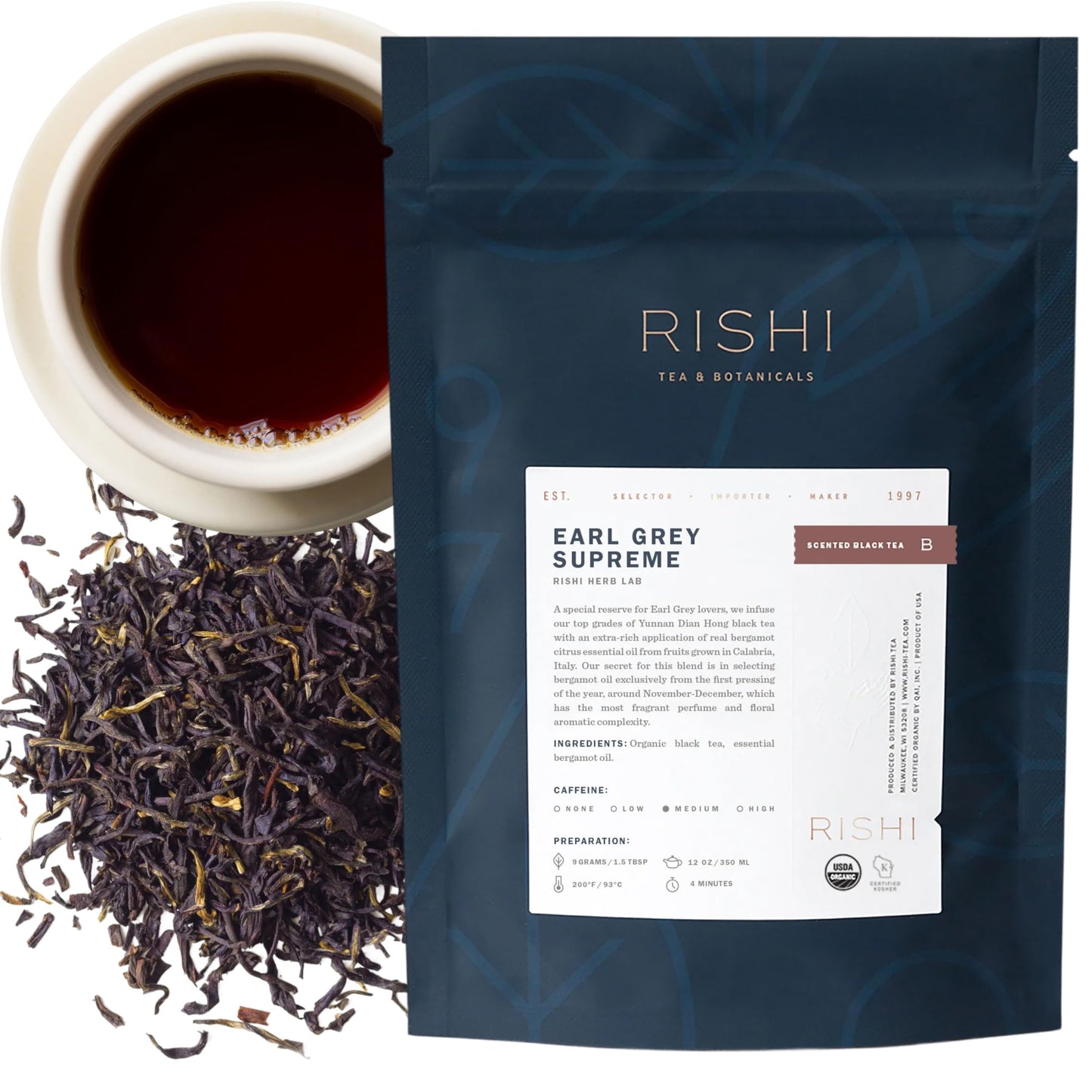 Rishi Tea Earl Grey Supreme Tea - Organic, Caffeinated Loose Leaf Tea with Bergamot Oil and Top Grade Yunnan Black Tea - 4 Ounces, 12+ Servings