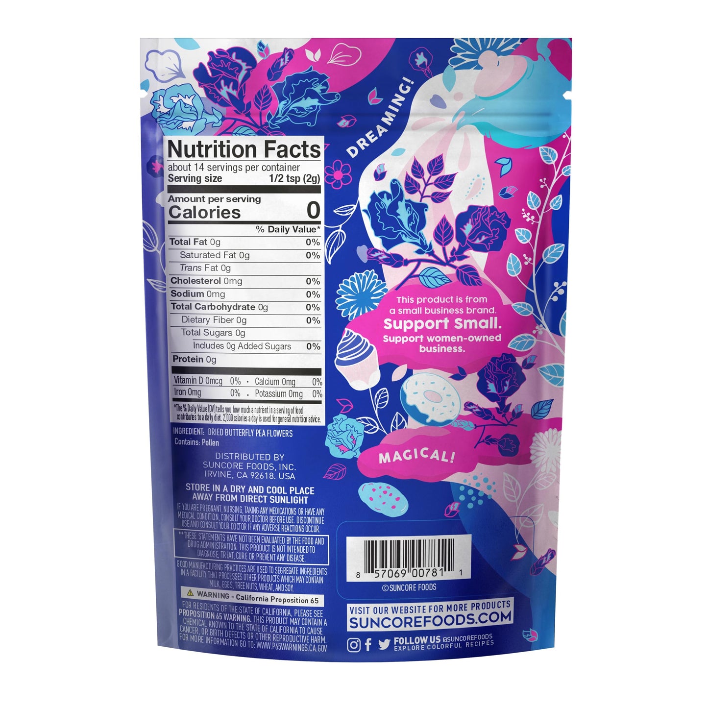 Suncore Foods Dried Butterfly Pea Flowers Bloom, Caffeine-Free Tea, Gluten-Free, Non-GMO, 1oz