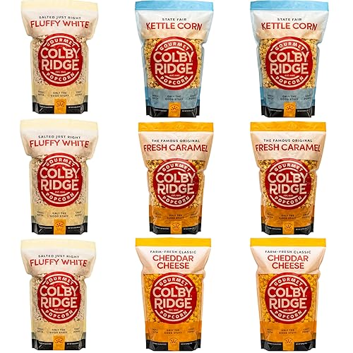 Colby Ridge 4 Flavor Gourmet Popcorn Assortment Large Sampler - Fluffy White, Fresh Caramel, Cheddar Cheese, and Kettle Corn Popped