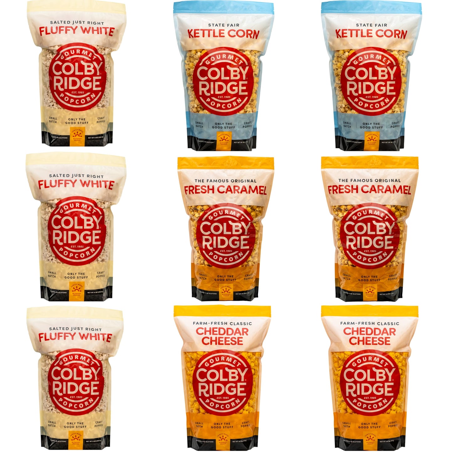 Colby Ridge 4 Flavor Gourmet Popcorn Assortment Large Sampler - Fluffy White, Fresh Caramel, Cheddar Cheese, and Kettle Corn Popped
