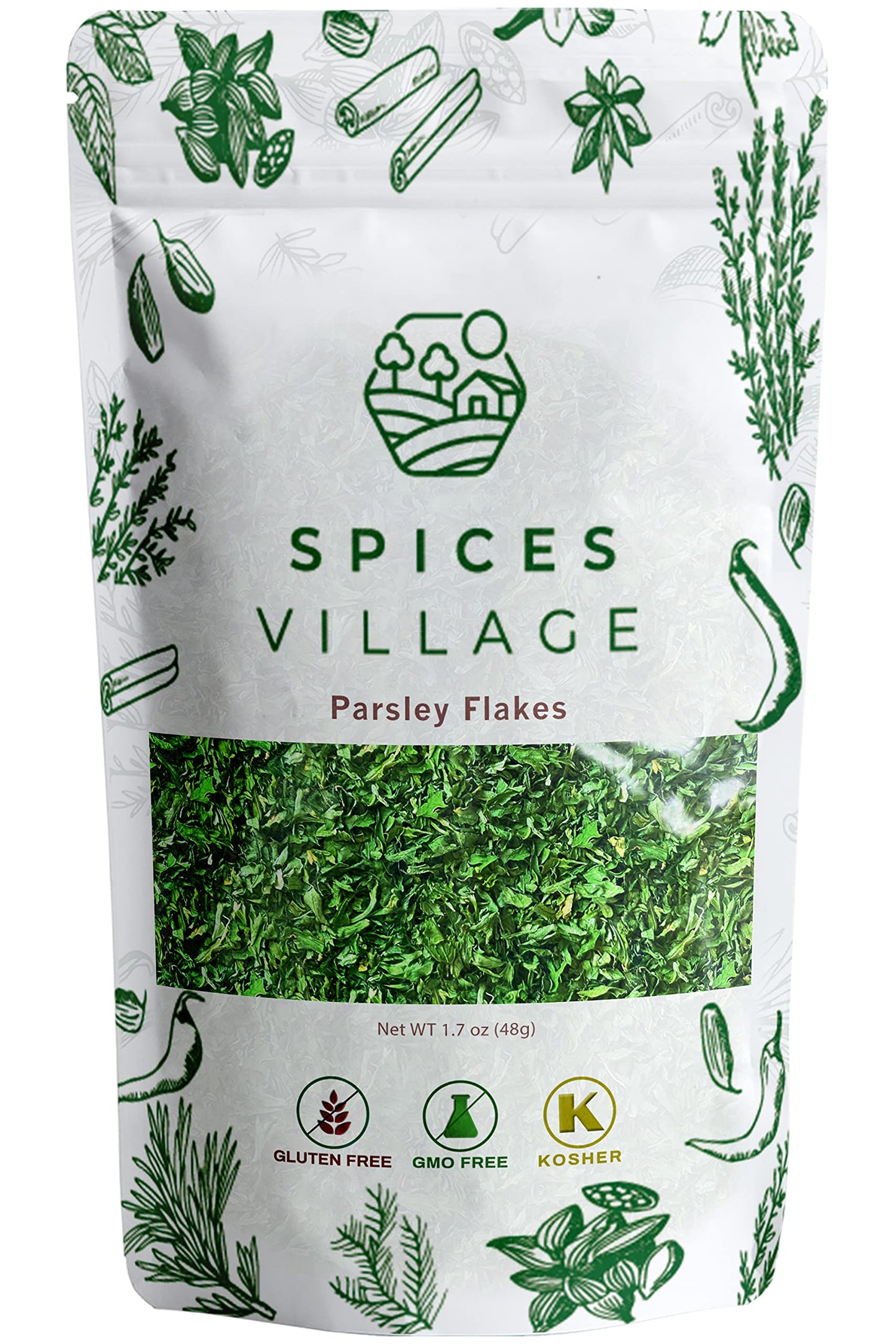 Spices Village Dried Parsley Flakes, Dry Parsley Seasonings, 1.7 Ounces, Kosher Certified, All Natural, Fresh, Gluten Free, Non GMO, Resealable Bulk