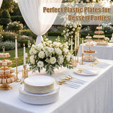 DaYammi 150Pcs Gold Plastic Plates with Disposable Silverware,White Gold Disposable Dinnerware Set - 30 Dinner Plate,30 Dessert Plate,90 Gold Cutlery