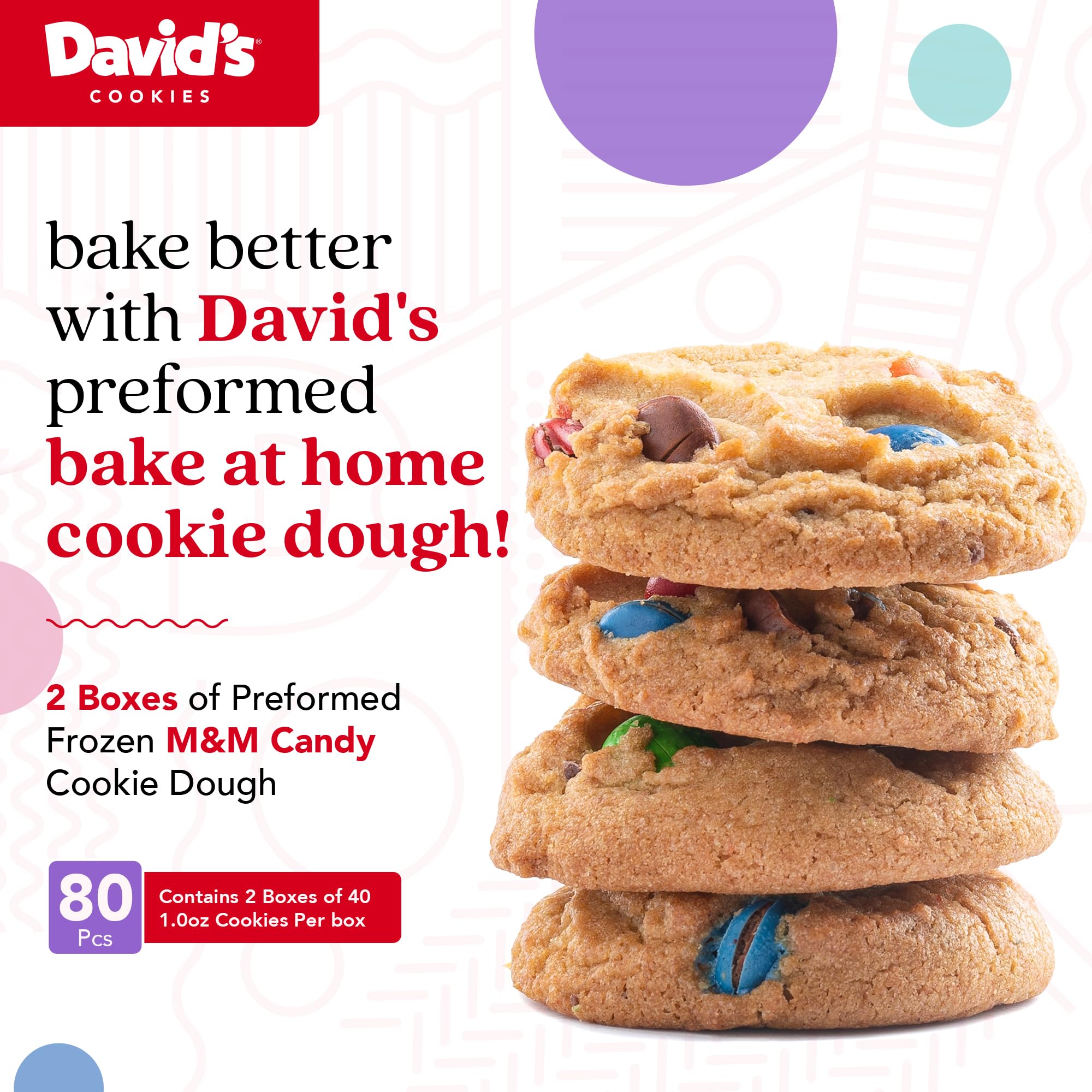 David's Cookies Preformed Frozen Cookie Dough - Candy, Ready-to-Bake Cookies, 80 Count