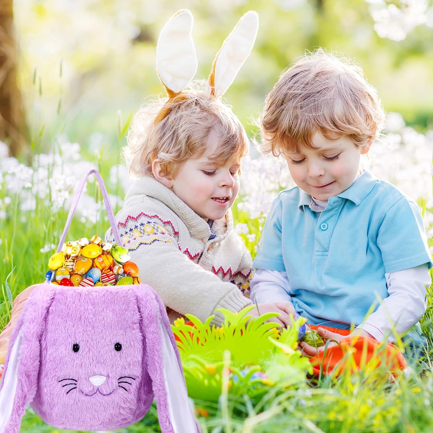 Plush Easter Bunny Basket, Monogrammed Bunny Easter Buckets with Long Plush Ear, Egg Hunting Easter Gift Bags Easter Tote Bags for Easter Decorations