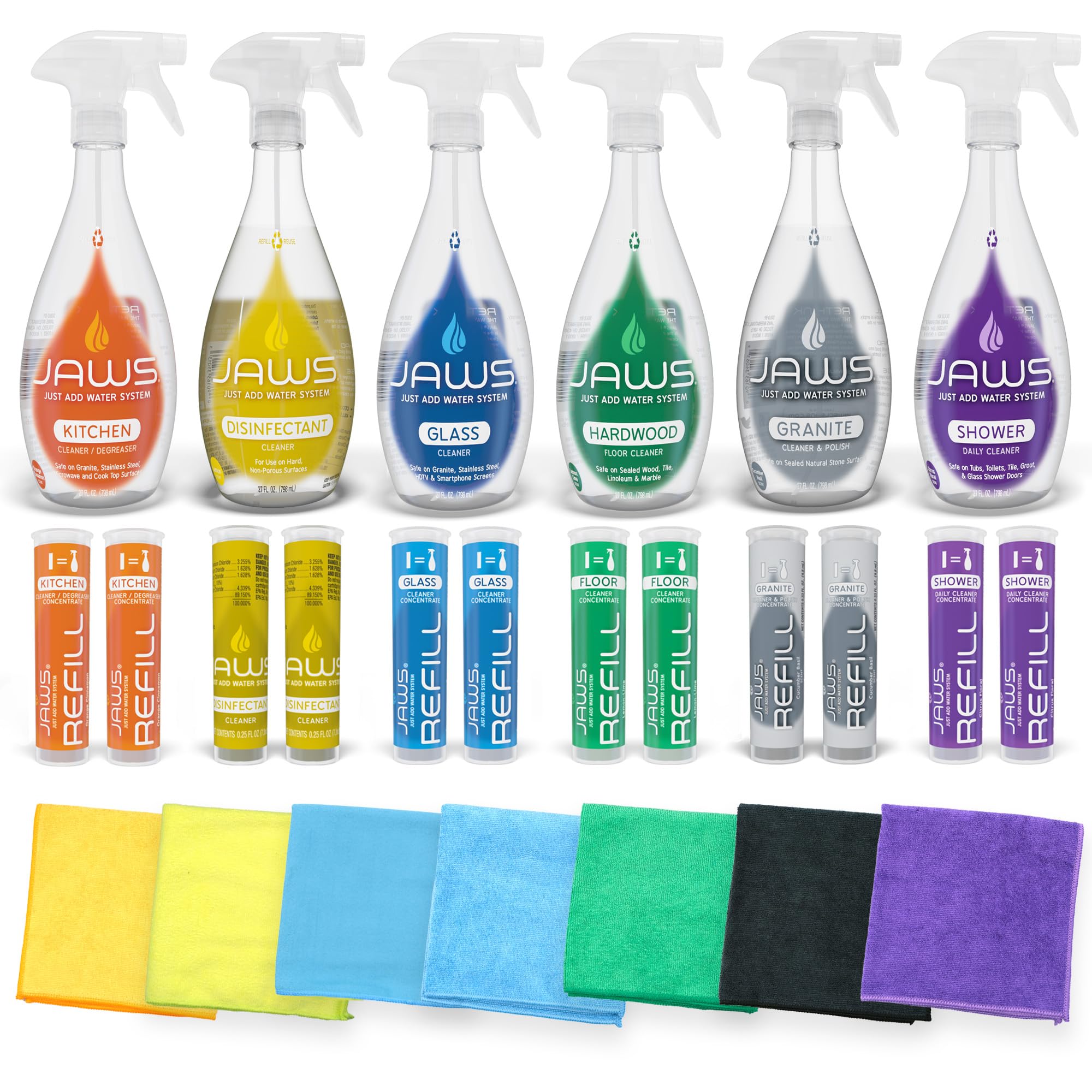 JAWS Cleaners Ultimate Cleaning Kit, Multi-Surface Kitchen, Glass, Shower, Granite, Hardwood Floor and Disinfectant, 2 Refill Pods of Each, Includes