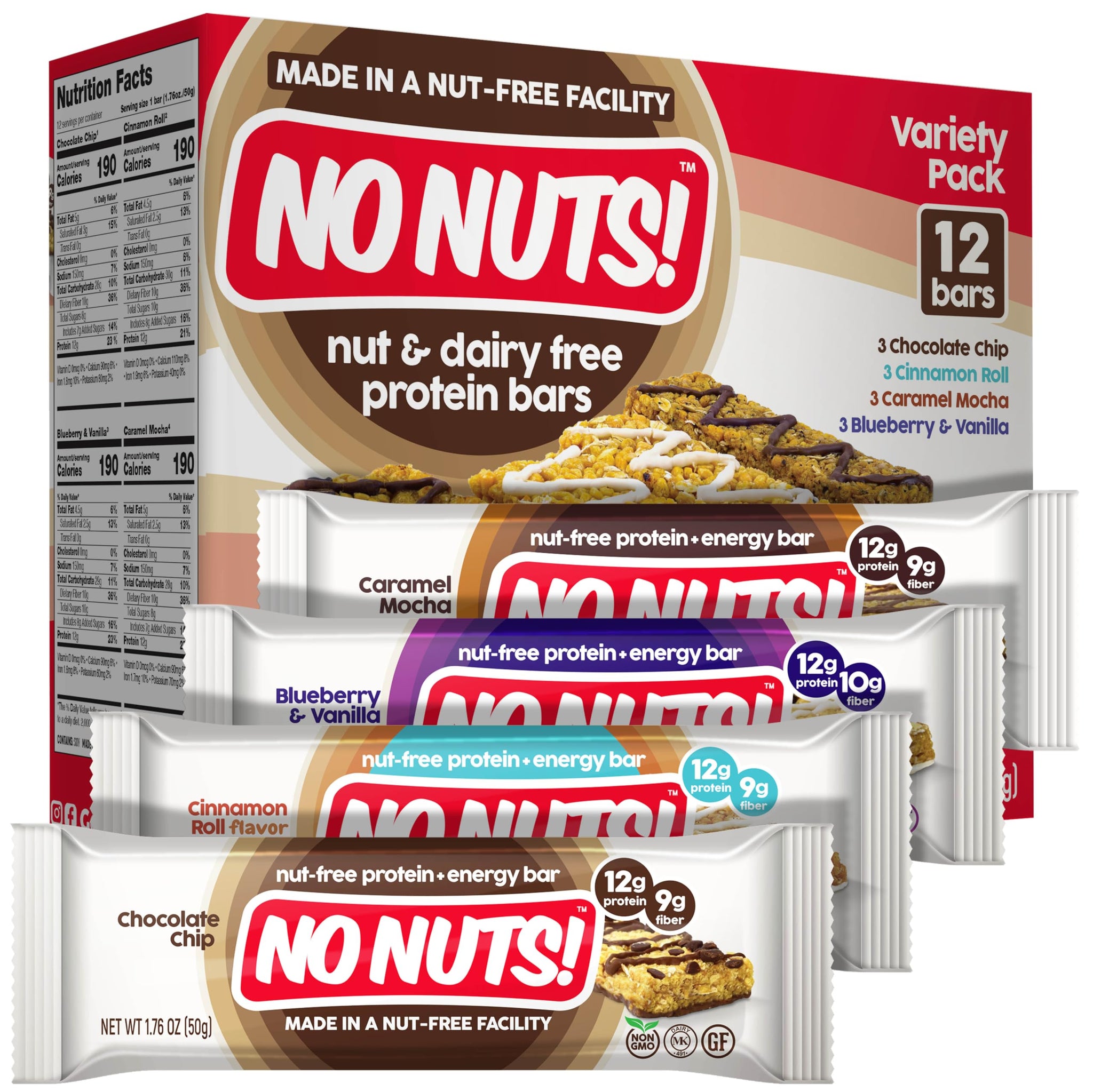 No Nuts! Protein Bar Variety Pack - 12 Count | Nut-Free & School-Safe | Chocolate Chip, Caramel Mocha, Cinnamon Roll & Blueberry Vanilla | Dairy-Free