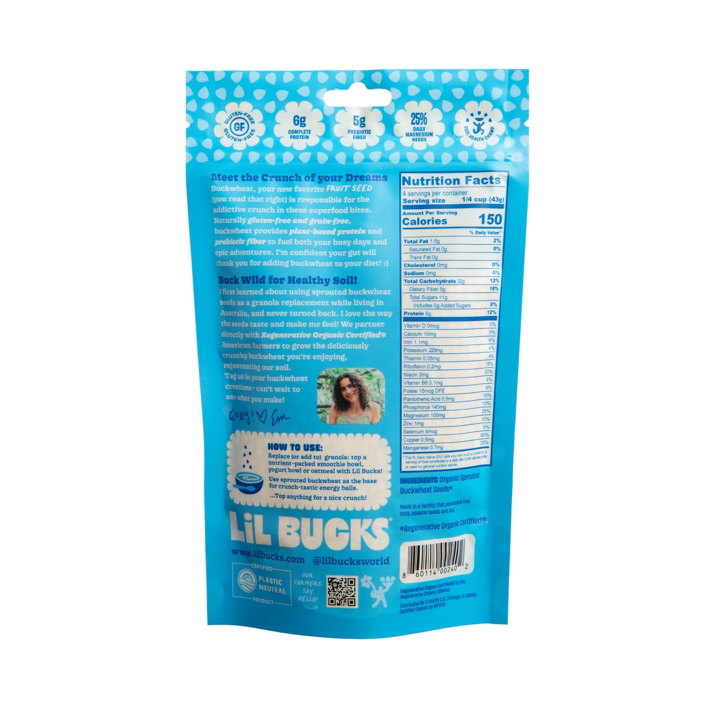 Lil Bucks Sprouted Regeneratively Grown Buckwheat Seeds- Paleo Cereal, Gluten-Free Granola, High in Protein, Low Sugar, Organic Superseed Crunch