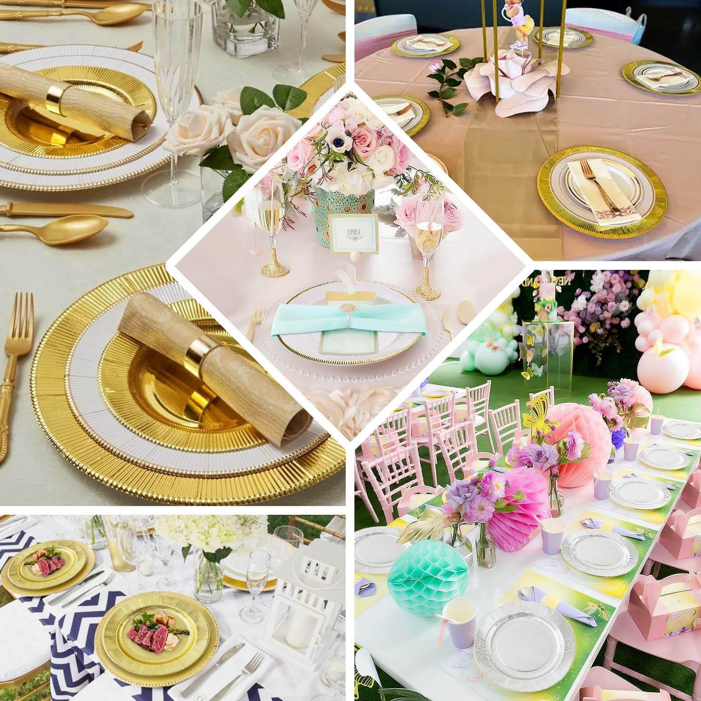 TCF Linen 25 Pack 13" Disposable Charger Plates, Paper Placemat Sage Green Sunray Design with Gold Rim - 350GSM Heavy Duty Round Plates for Events