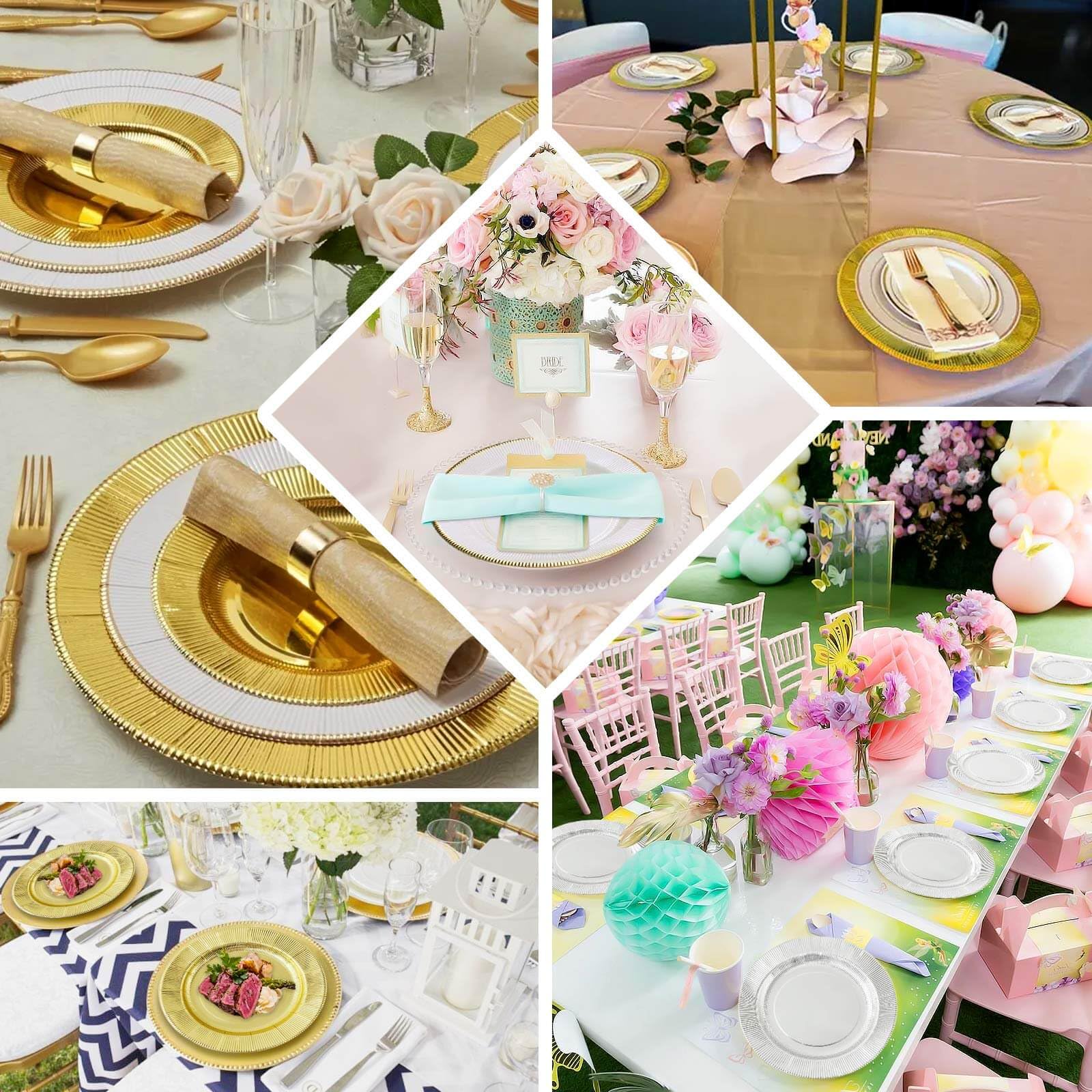 TCF Linen 25 Pack 13" Disposable Charger Plates, Paper Placemat Sage Green Sunray Design with Gold Rim - 350GSM Heavy Duty Round Plates for Events