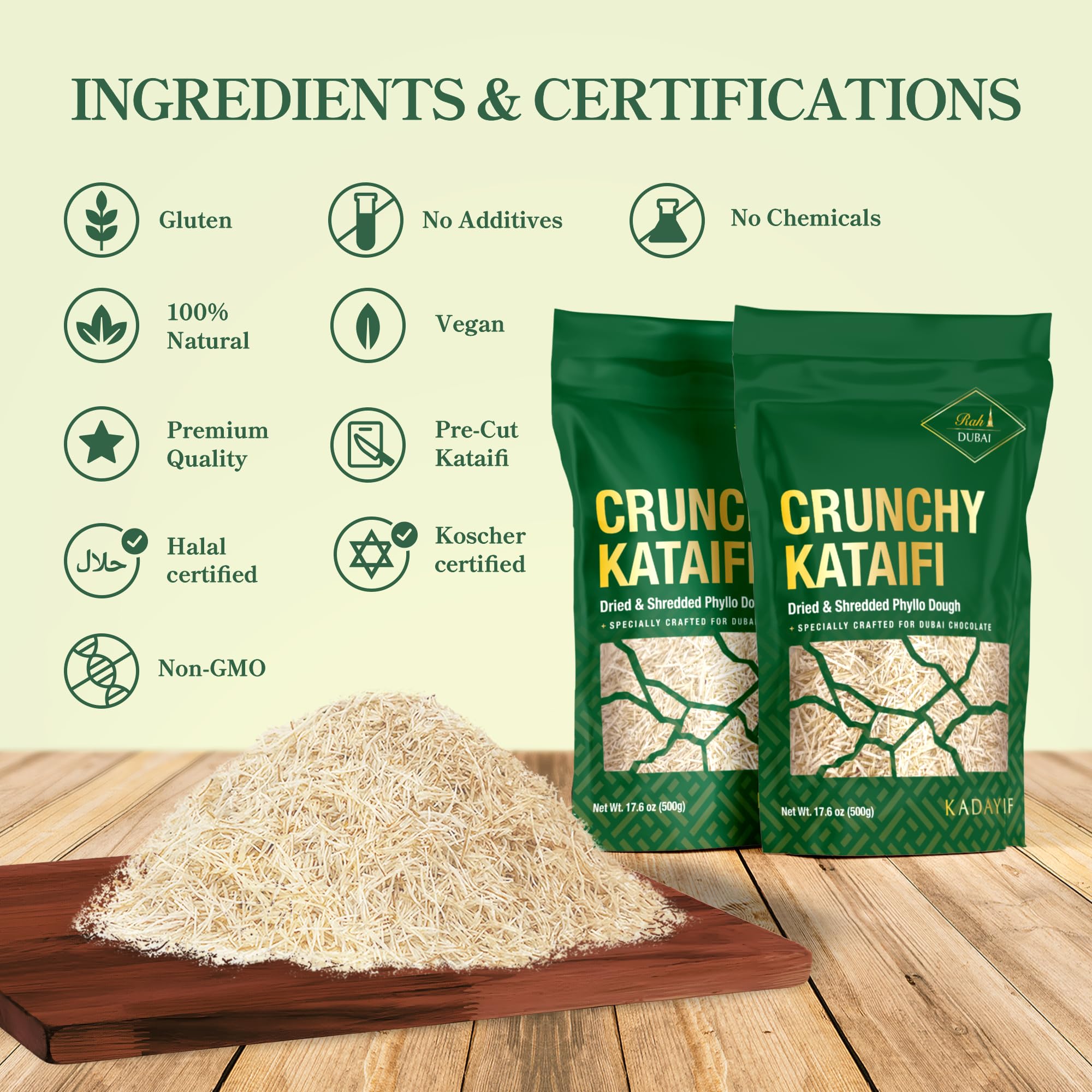 Rah Kataifi Shredded Fillo Dough - 500g (1.1lb) Kadayif For Dubai Chocolate, Knafeh Shredded Phyllo Dough Perfect For Dubai Chocolate Ingredients