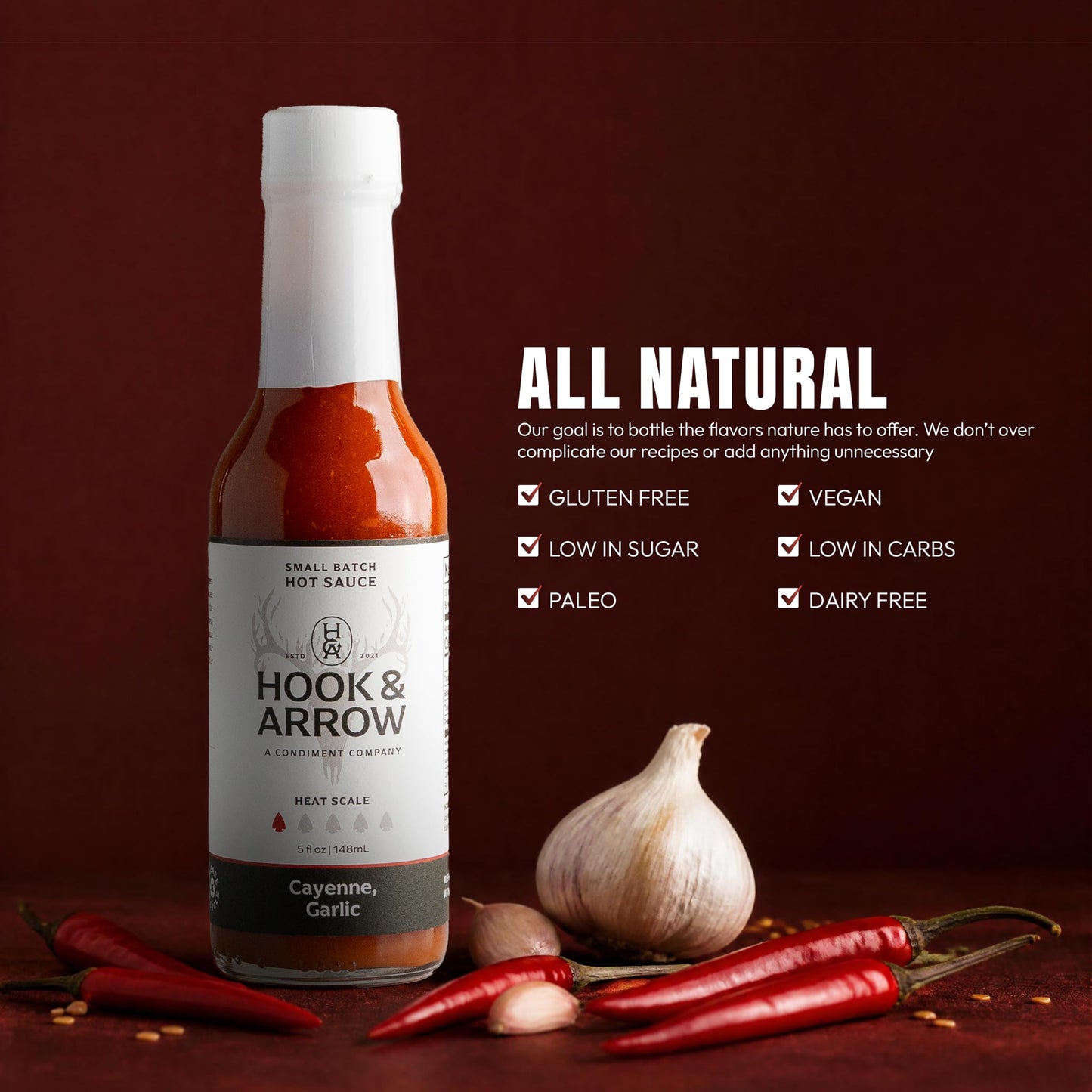 Hook & Arrow Cayenne Garlic Hot Sauce - Low Sugar Louisiana Style Mild Garlic Pepper Sauce - Award Winning, Gluten-Free, Vegan, Paleo (5 fl oz, 30