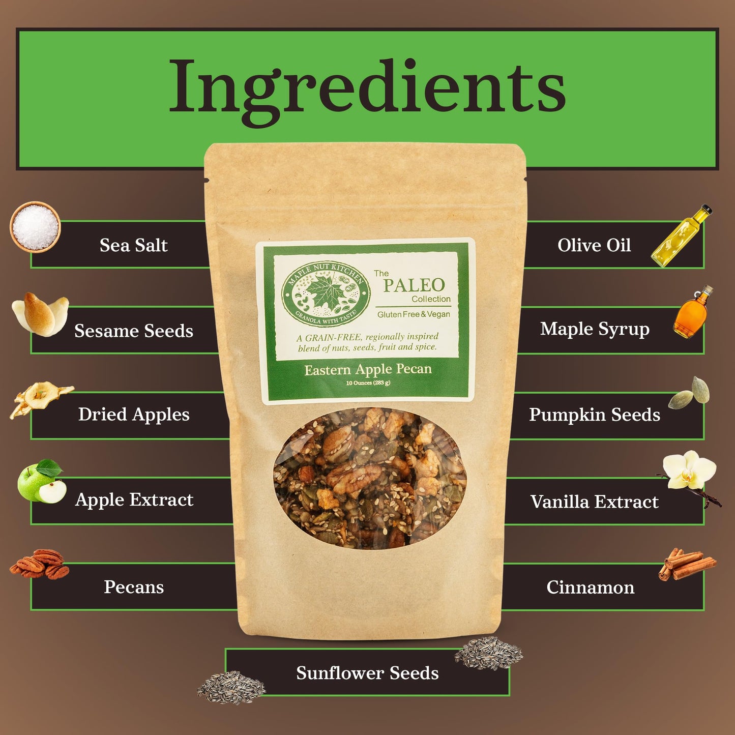 Maple Nut Kitchen Eastern Apple Pecan Paleo Granola 3 Pack - Grain Free, Vegan, Gluten Free, No Sugar Added, Low Carb Granola with Pecans, Pumpkin