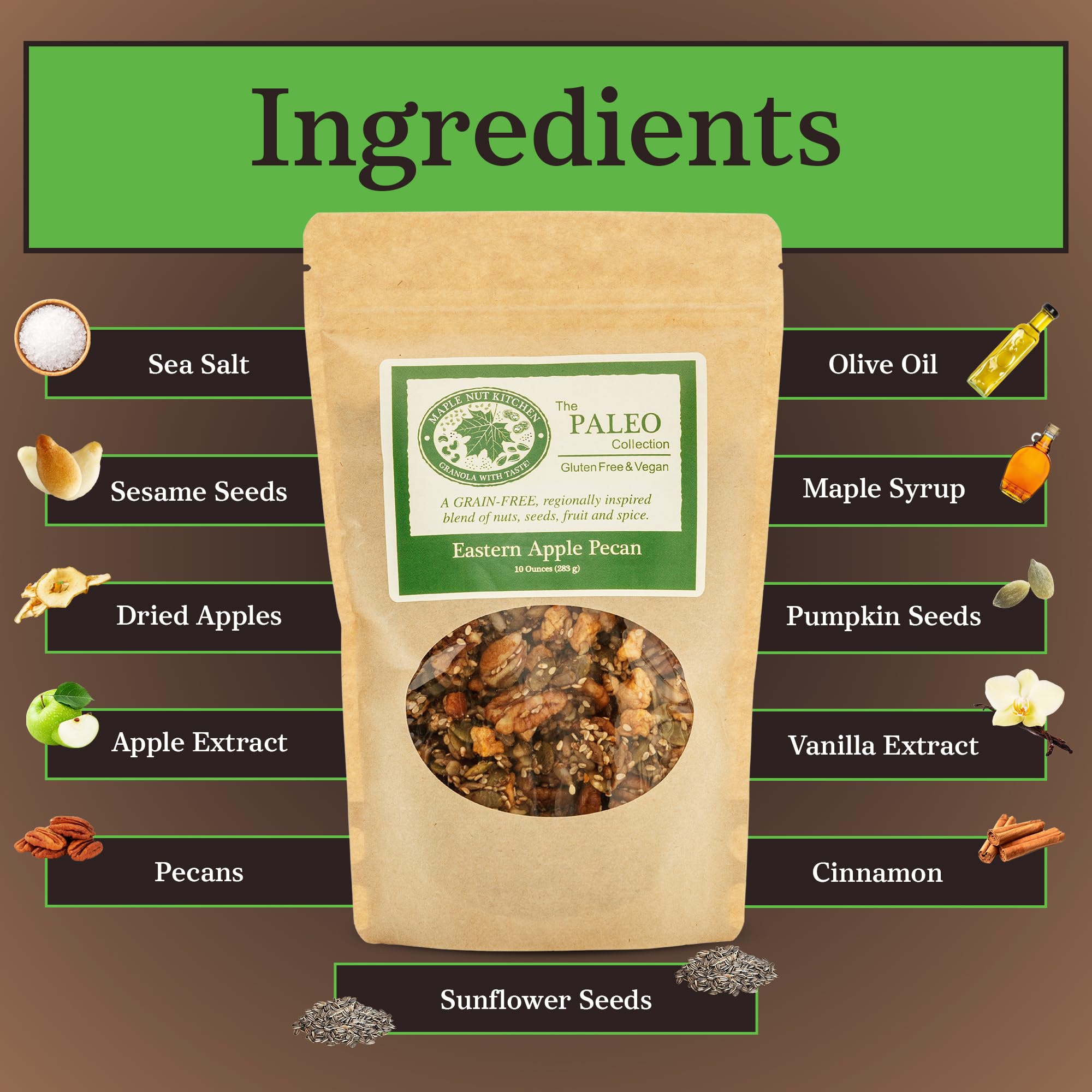 Maple Nut Kitchen Eastern Apple Pecan Paleo Granola 3 Pack - Grain Free, Vegan, Gluten Free, No Sugar Added, Low Carb Granola with Pecans, Pumpkin