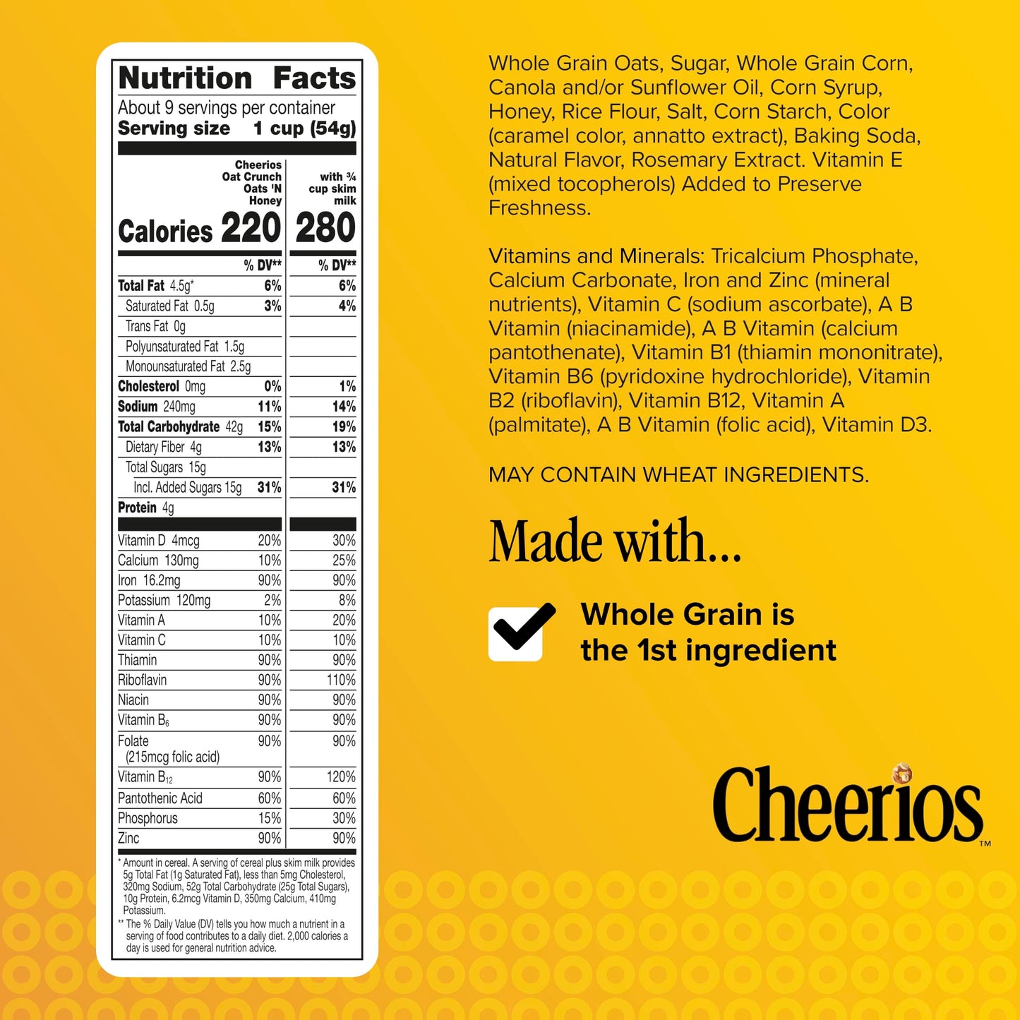 Cheerios Oat Crunch Oats 'N Honey Breakfast Cereal, Made with Whole Grain, Large Size, 18.2 oz