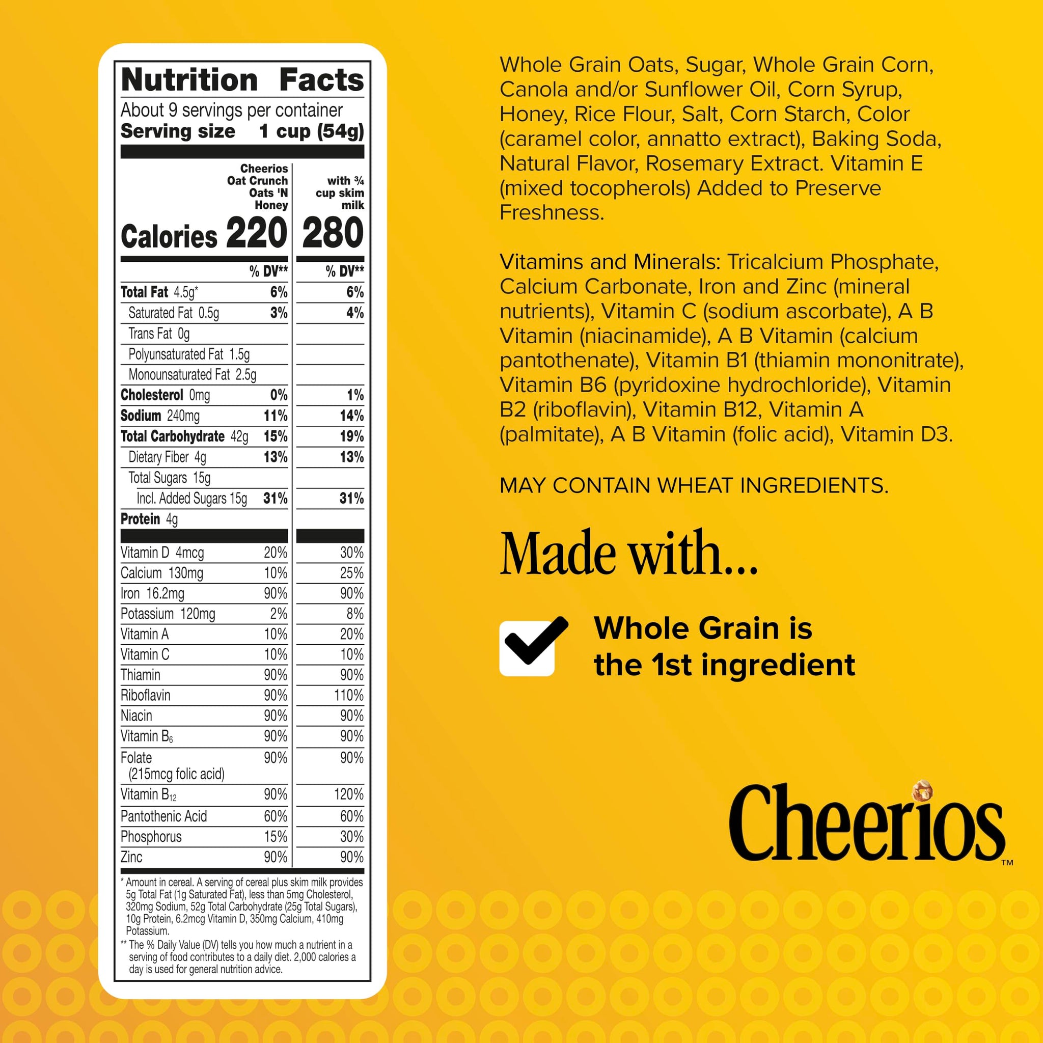 Cheerios Oat Crunch Oats 'N Honey Breakfast Cereal, Made with Whole Grain, Large Size, 18.2 oz